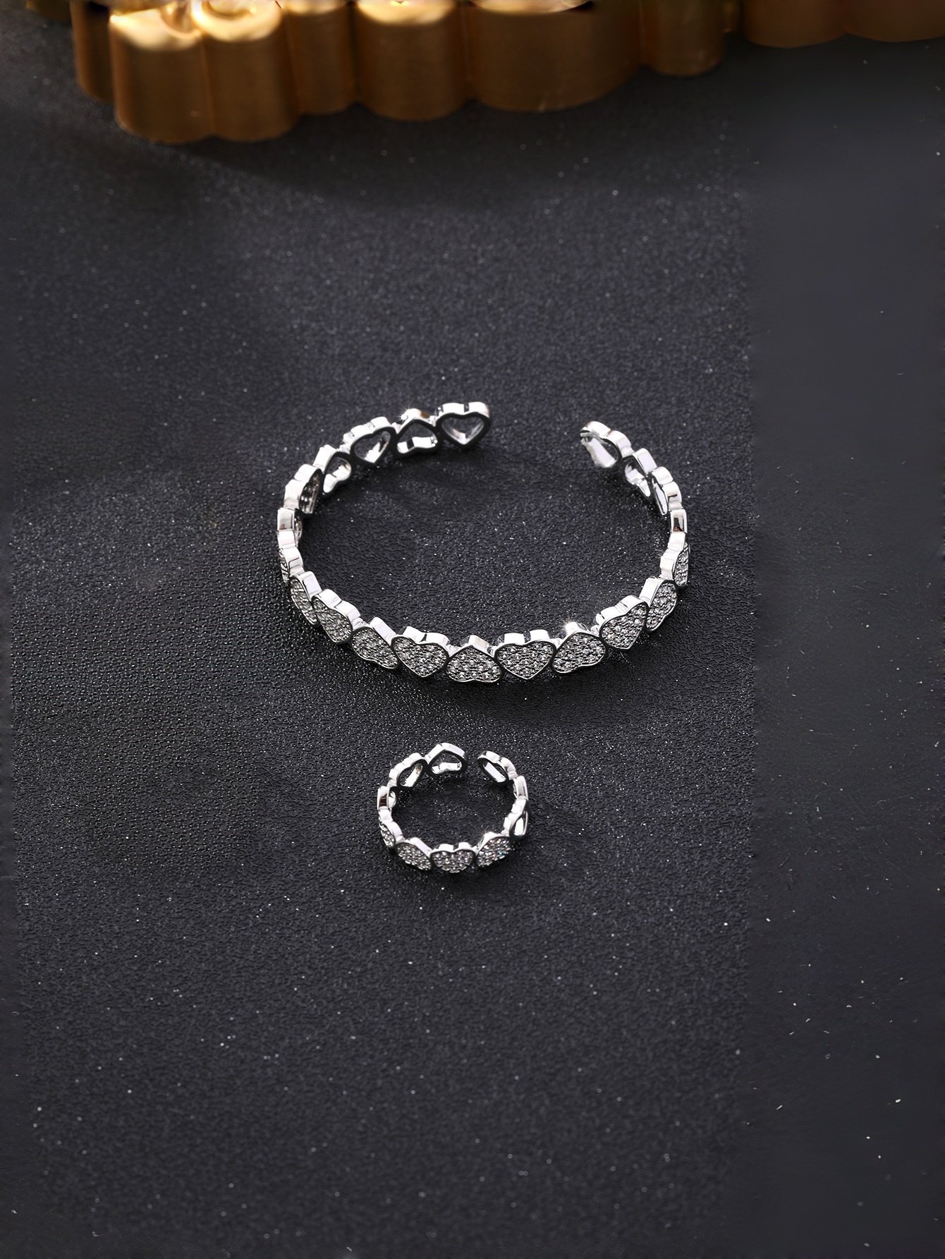 Silver Heart Bangle and Ring Set