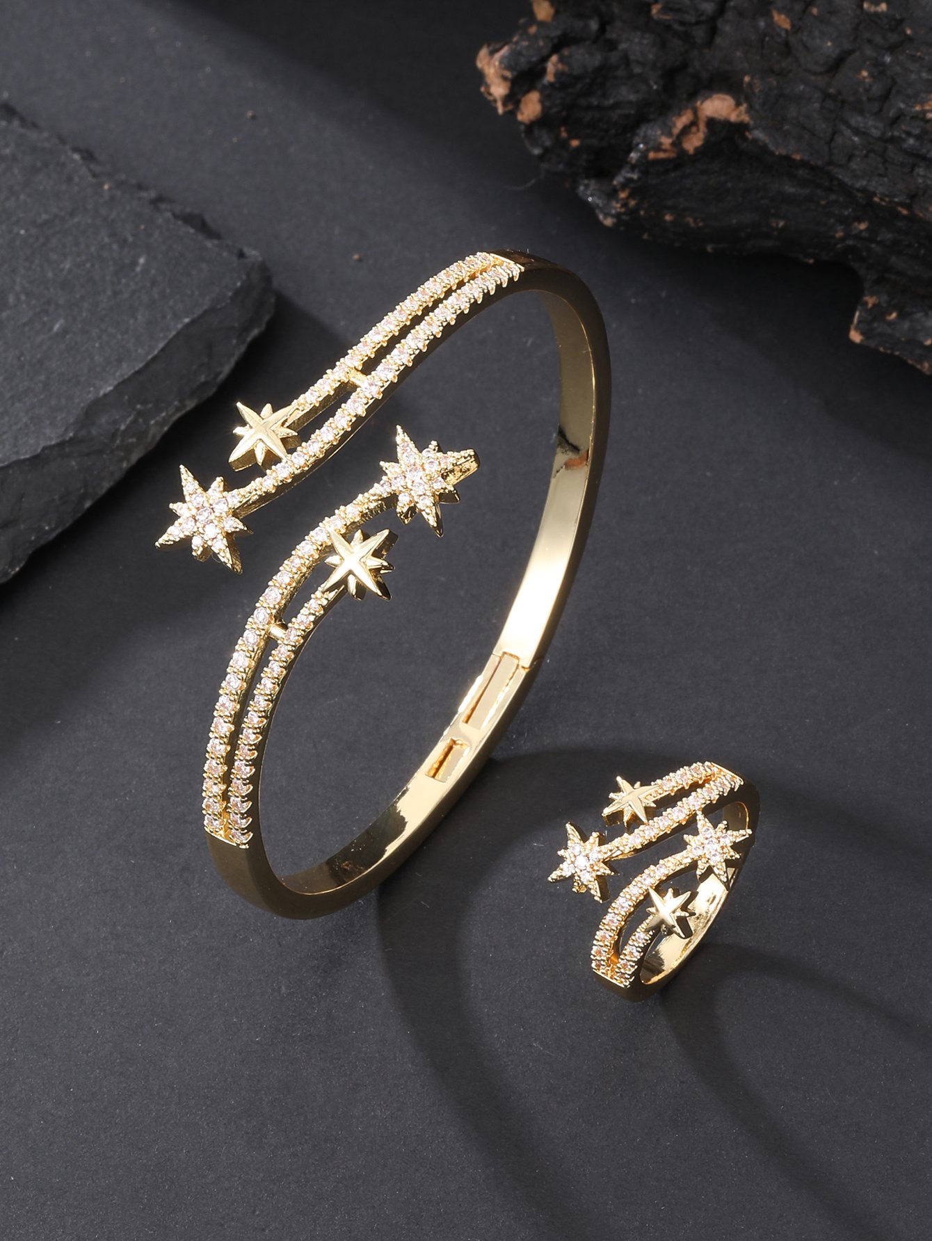 Gold-Plated Zircon Star Bangle and Ring Set