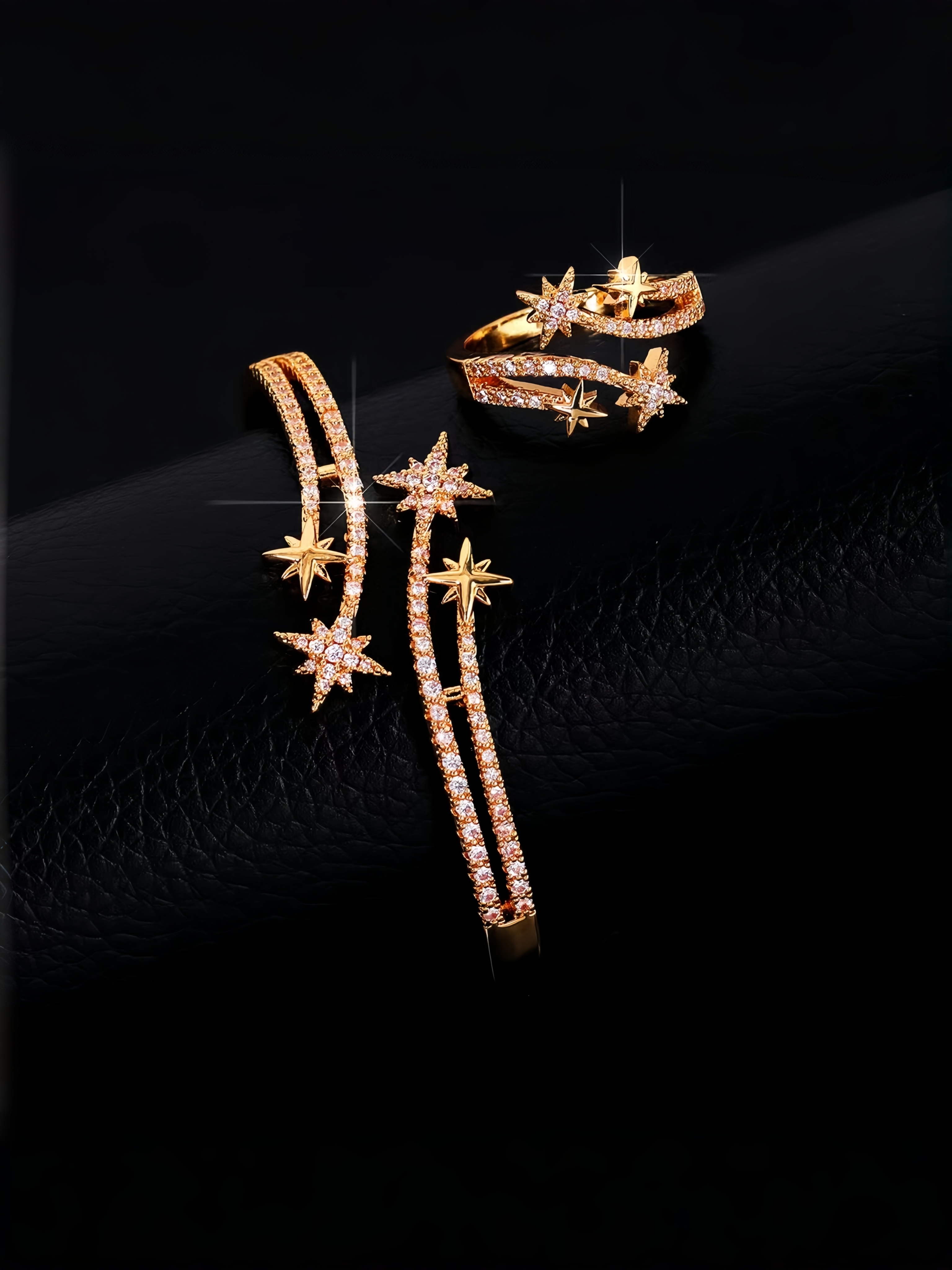 Gold-Plated Zircon Star Bangle and Ring Set