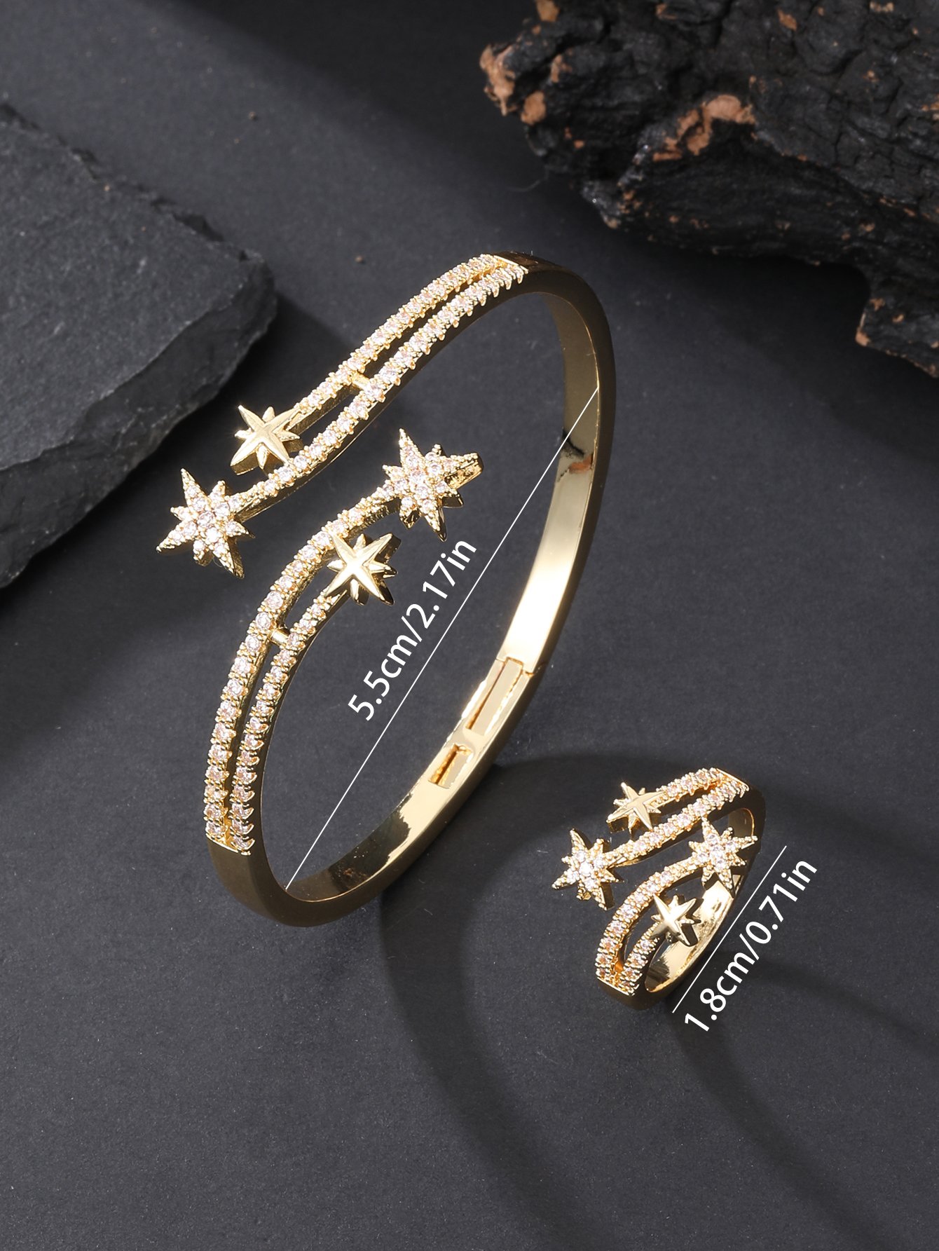 Gold-Plated Zircon Star Bangle and Ring Set