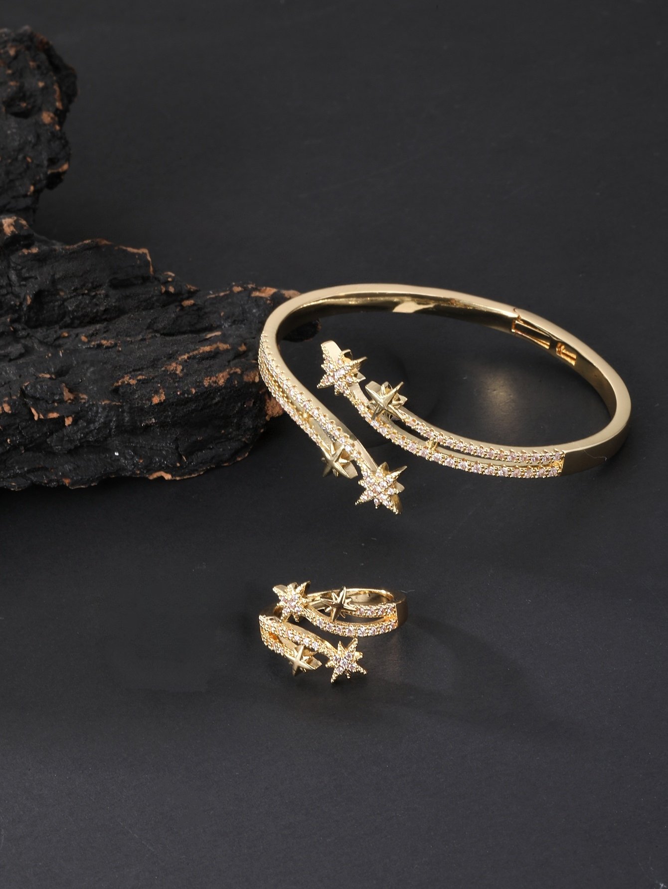 Gold-Plated Zircon Star Bangle and Ring Set