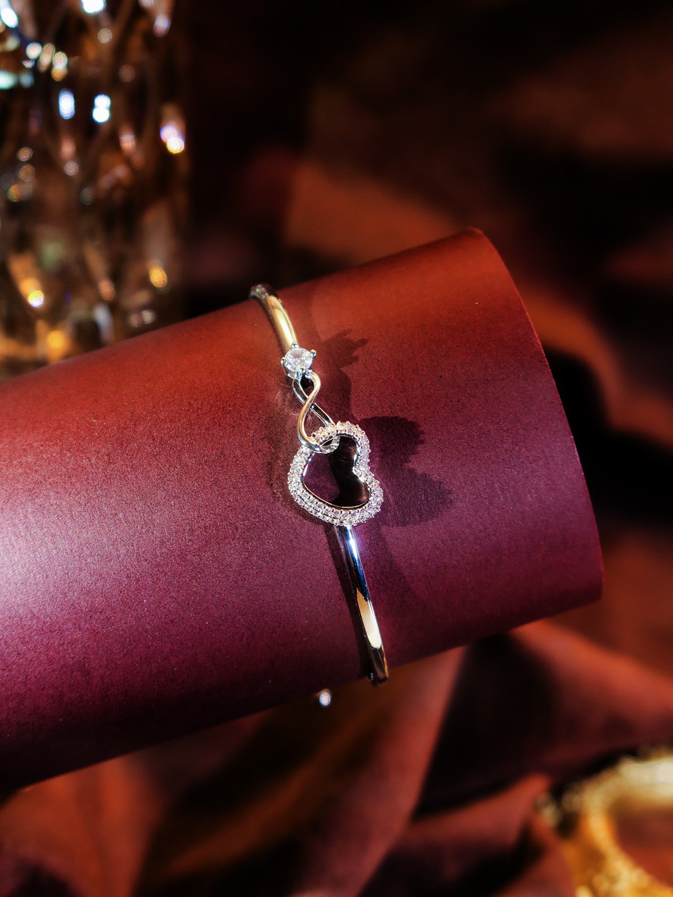 Silver Heart Bangle Bracelet with Zirconia