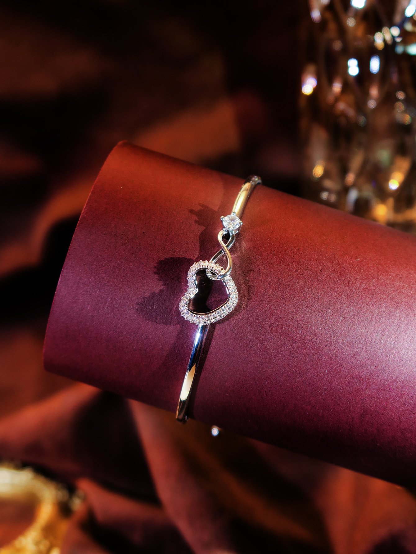 Silver Heart Bangle Bracelet with Zirconia