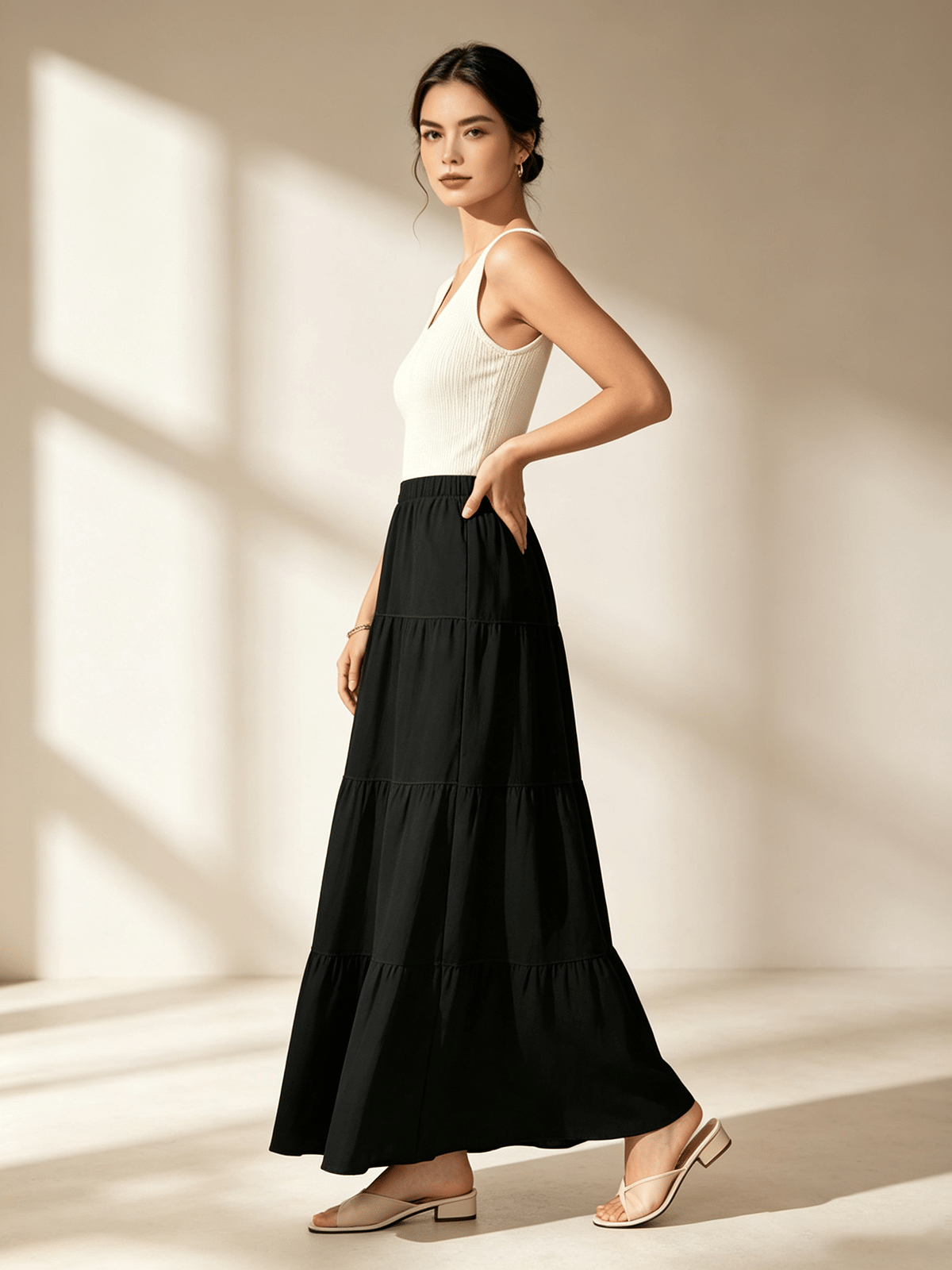 Black Tiered Maxi Skirt with Elastic Waist