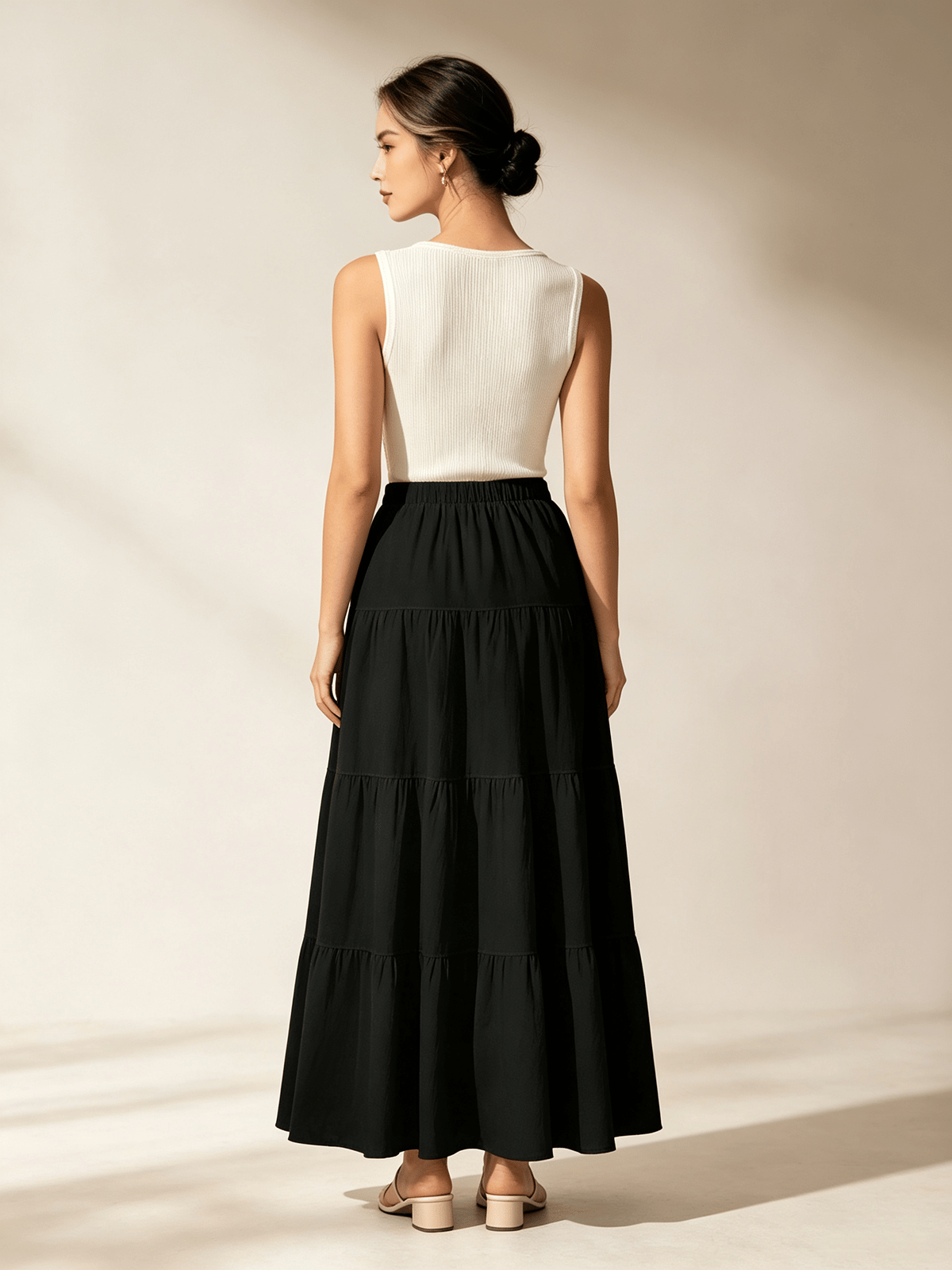Black Tiered Maxi Skirt with Elastic Waist