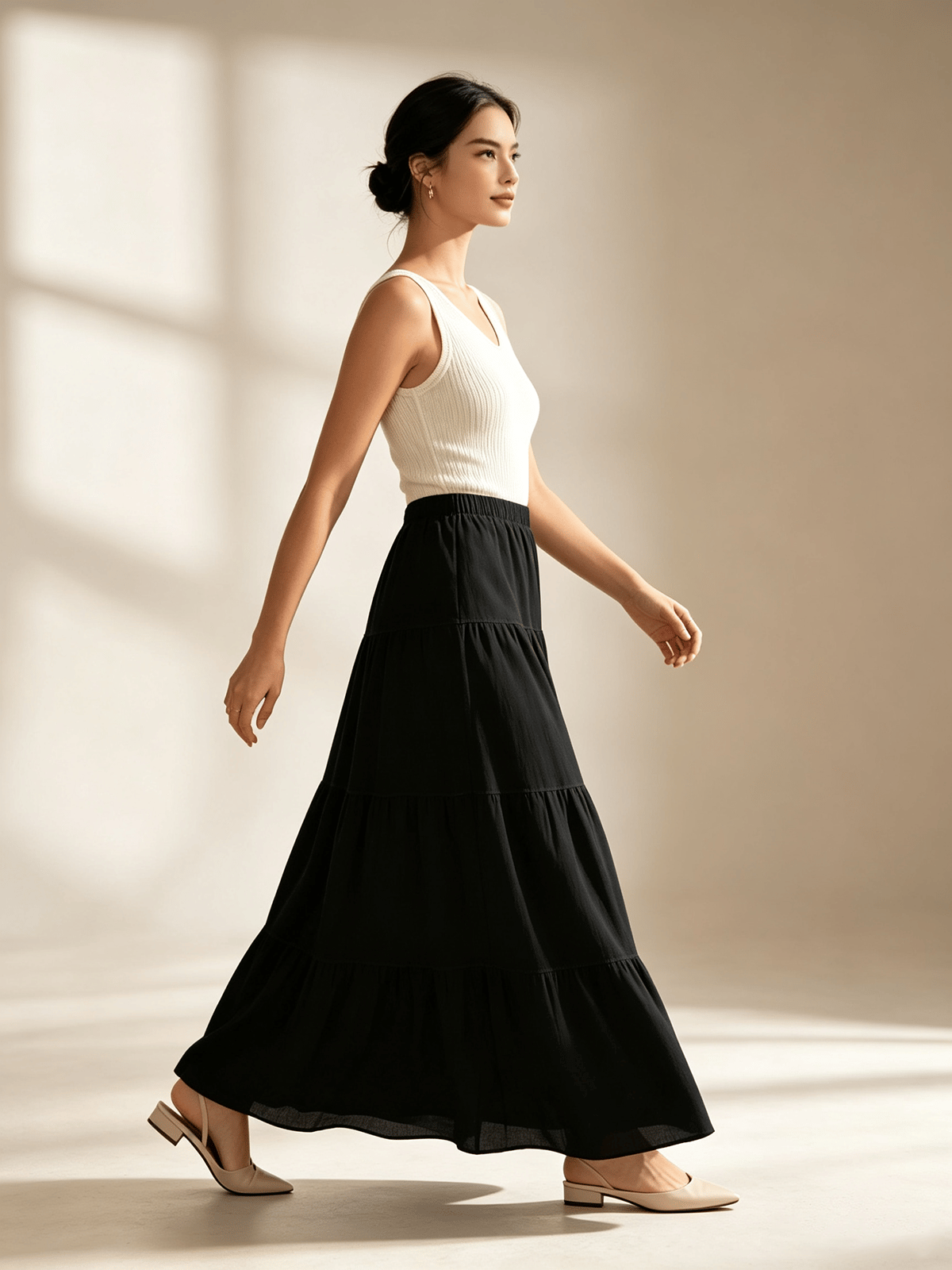 Black Tiered Maxi Skirt with Elastic Waist