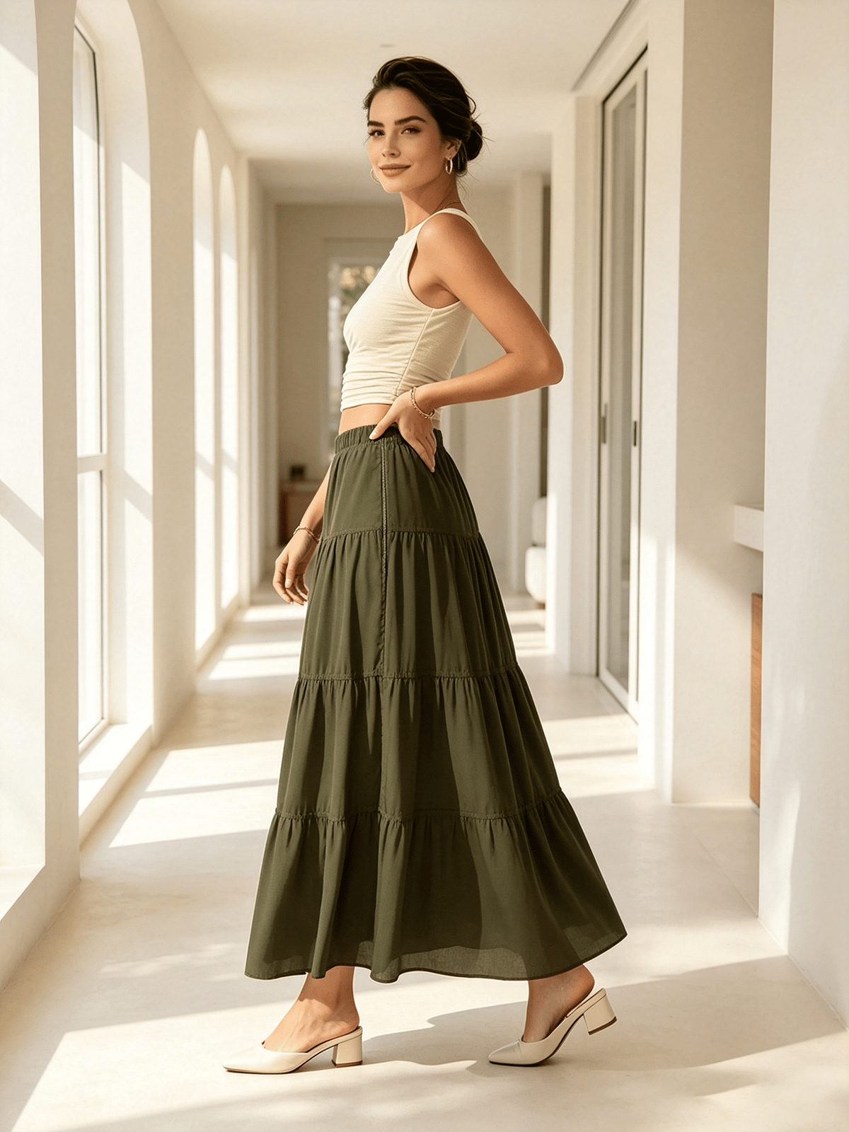 Green Tiered Maxi Skirt with Elastic Waist