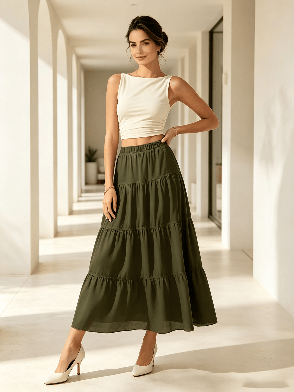 Green Tiered Maxi Skirt with Elastic Waist