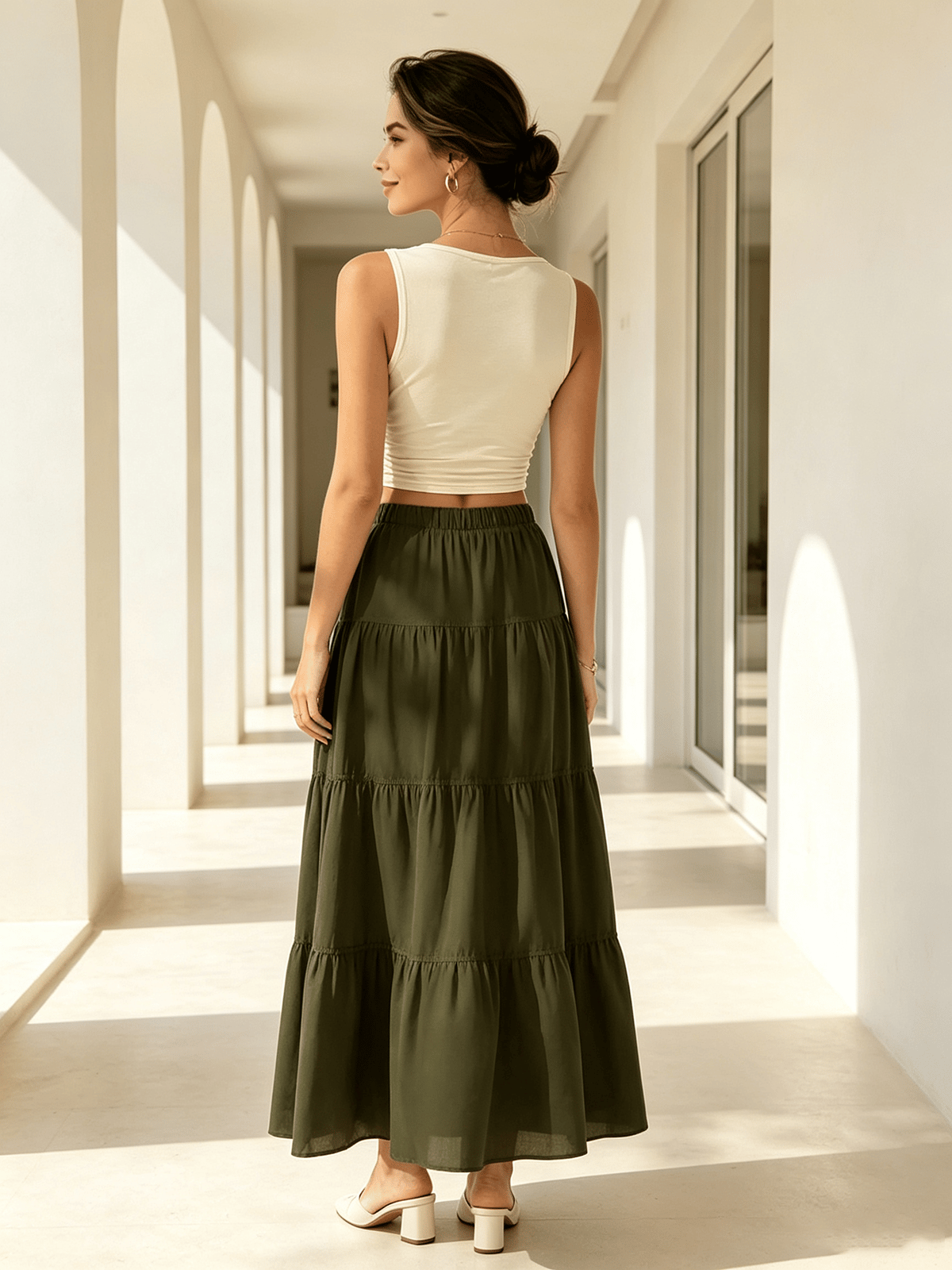 Green Tiered Maxi Skirt with Elastic Waist