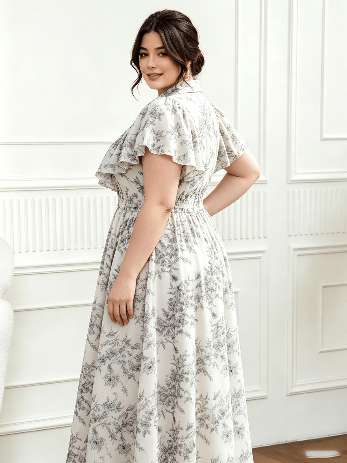 Plus size Beige Floral Print Fit and Flare Midi Dress