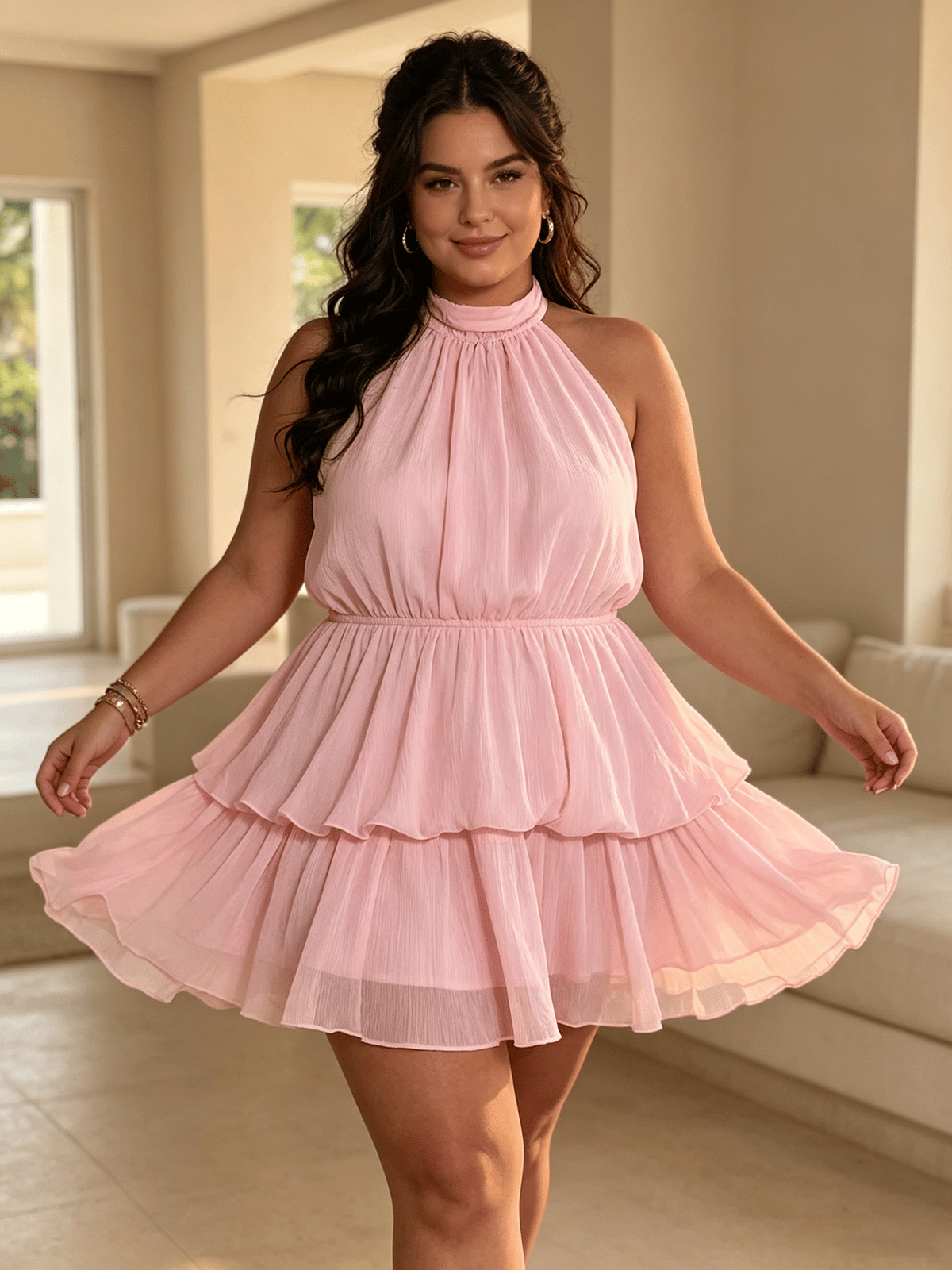 Pluse Size Pink Halter Neck Tiered Mini Dress