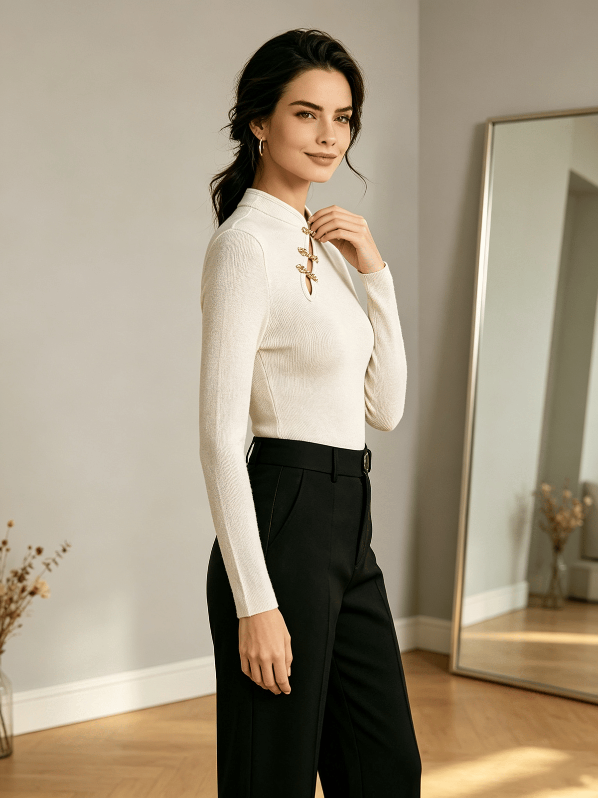 White Ribbed Knit Top with Mandarin Collar and Frog Buttons