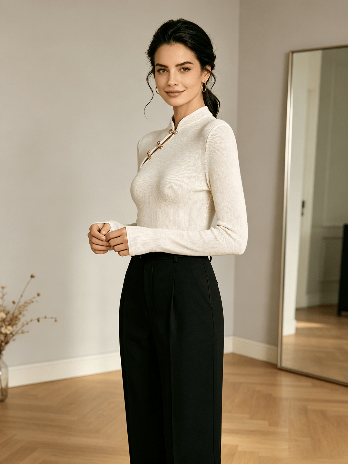 White Ribbed Knit Top with Mandarin Collar and Frog Buttons