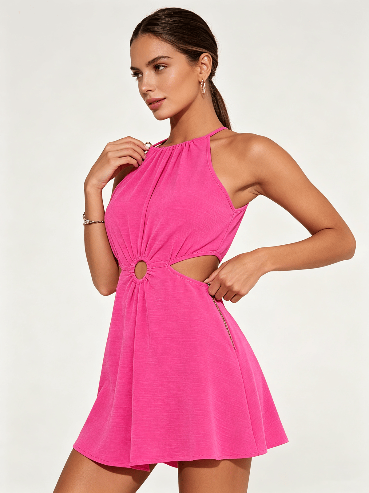 Fuchsia Halterneck Cut-Out Ring Detail Romper