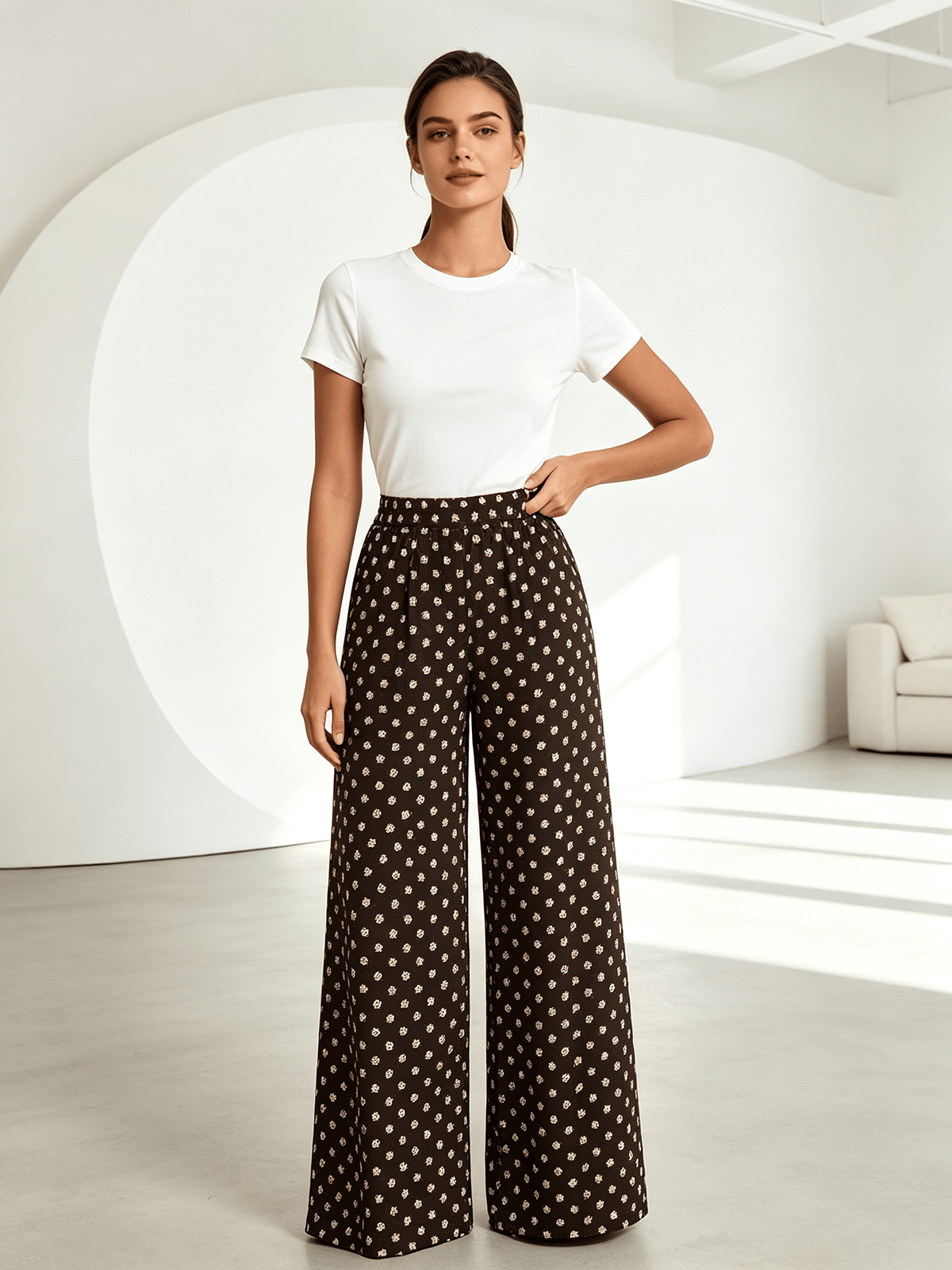 Multi-Color All Over Print Wide Leg Elasticated Waist Trousers