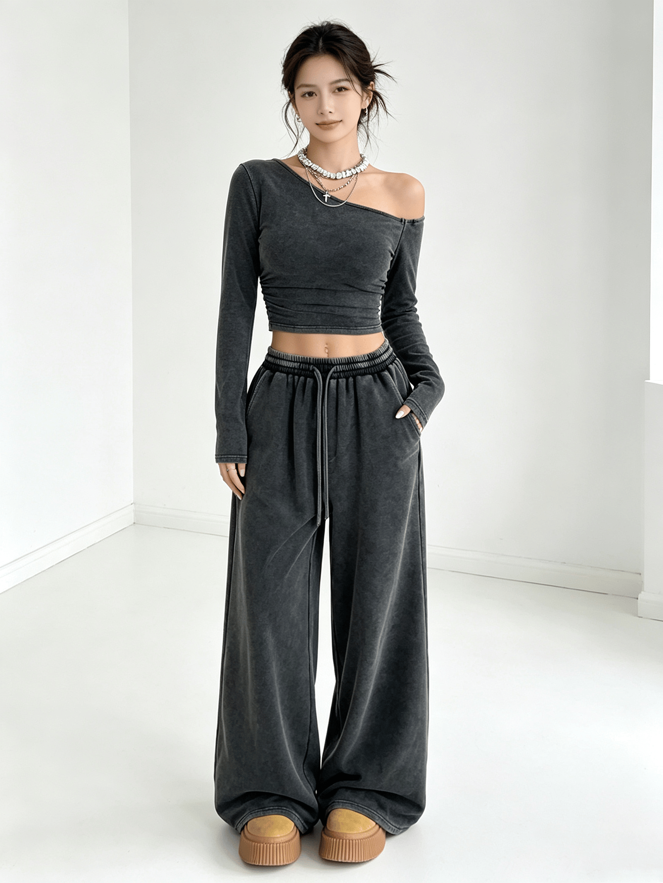 Charcoal Grey Asymmetrical Neck Long Sleeve Crop Top and Wide Leg Sweatpants Set