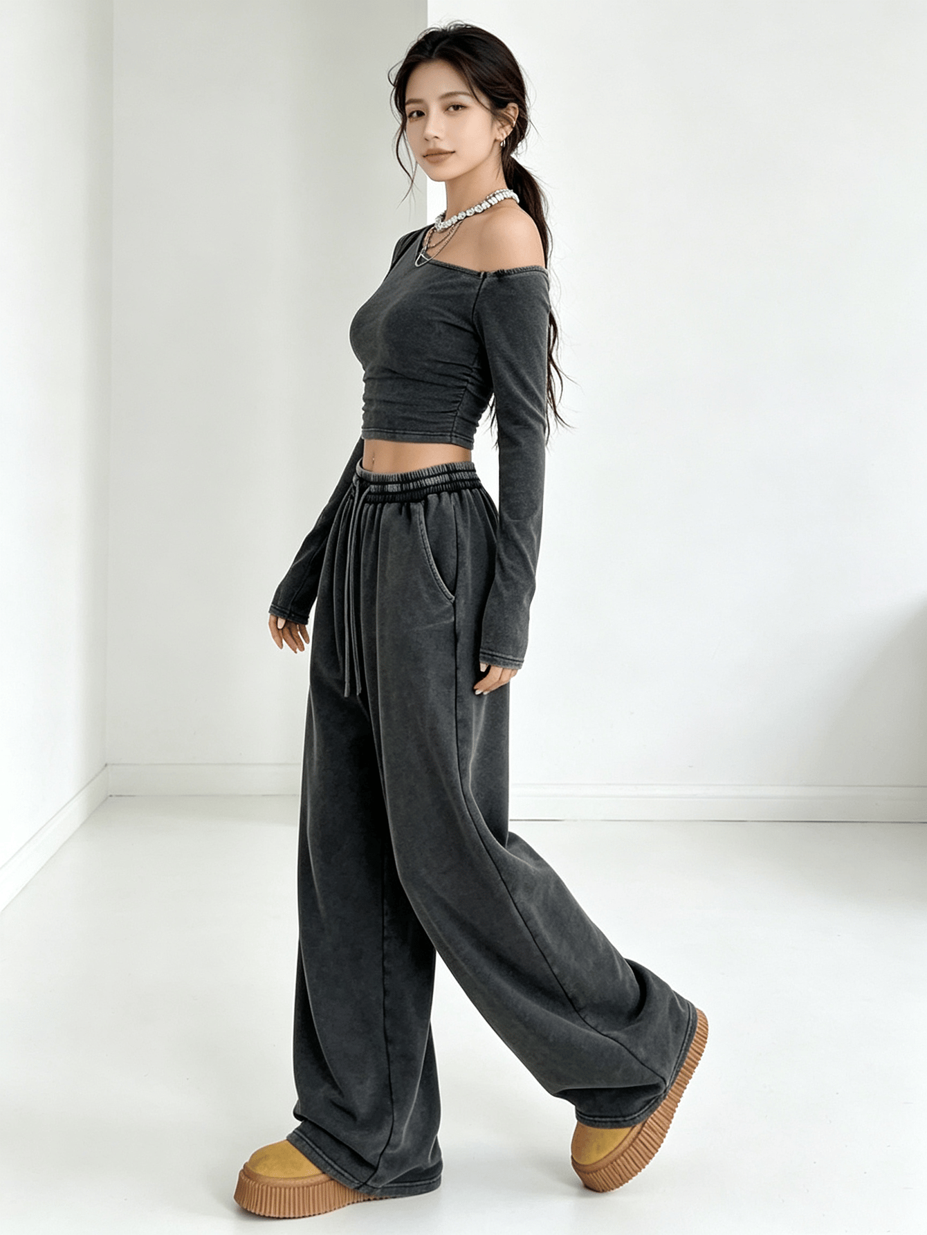 Charcoal Grey Asymmetrical Neck Long Sleeve Crop Top and Wide Leg Sweatpants Set