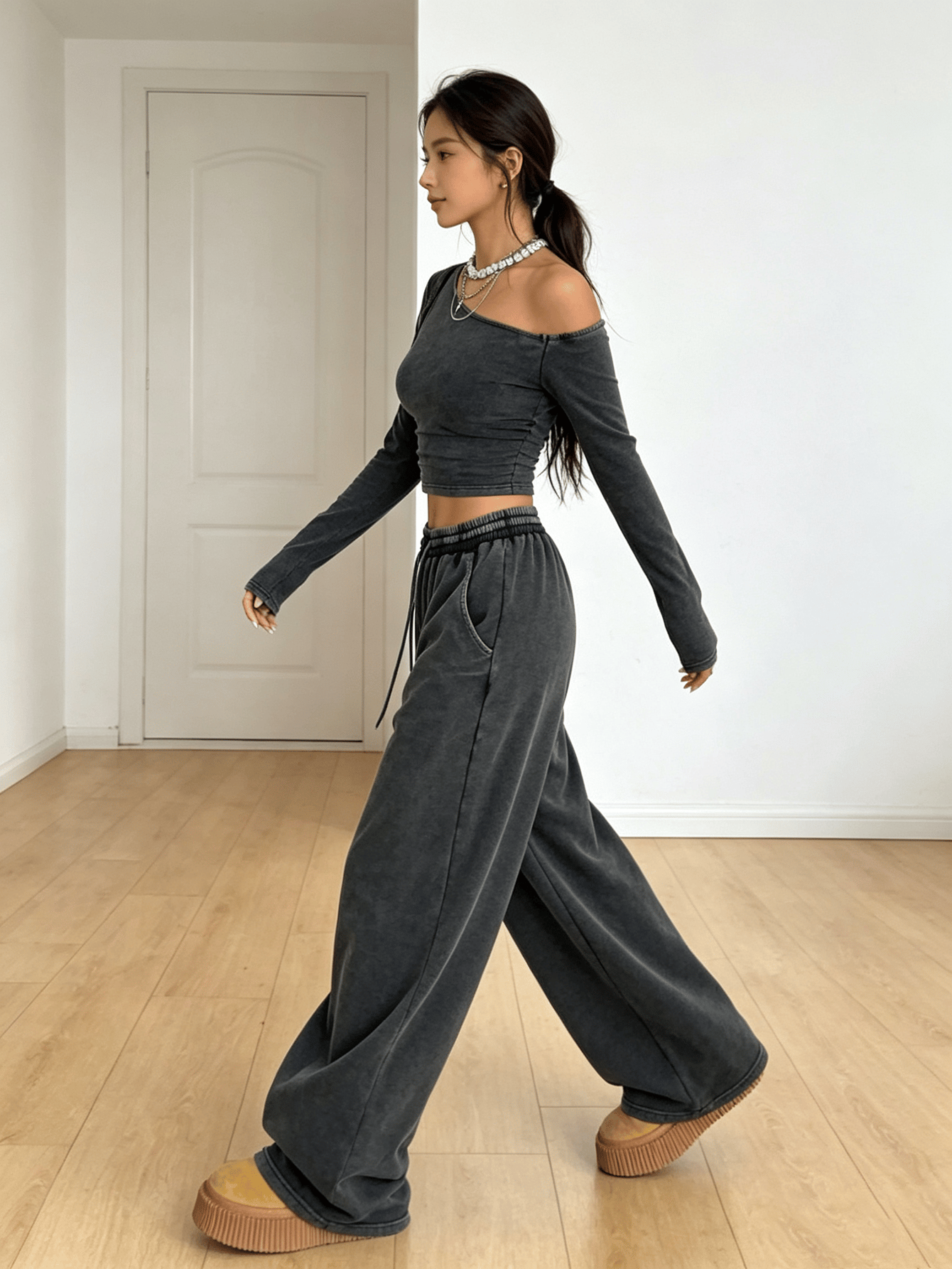 Charcoal Grey Asymmetrical Neck Long Sleeve Crop Top and Wide Leg Sweatpants Set