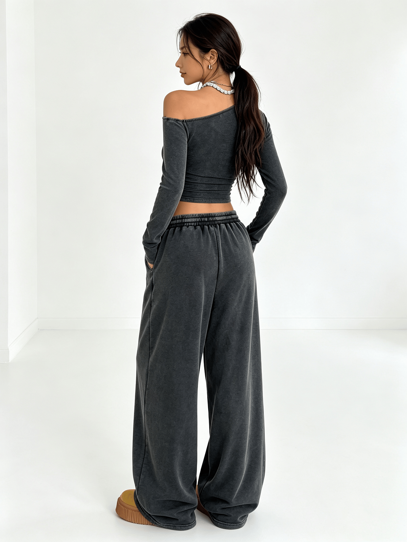 Charcoal Grey Asymmetrical Neck Long Sleeve Crop Top and Wide Leg Sweatpants Set