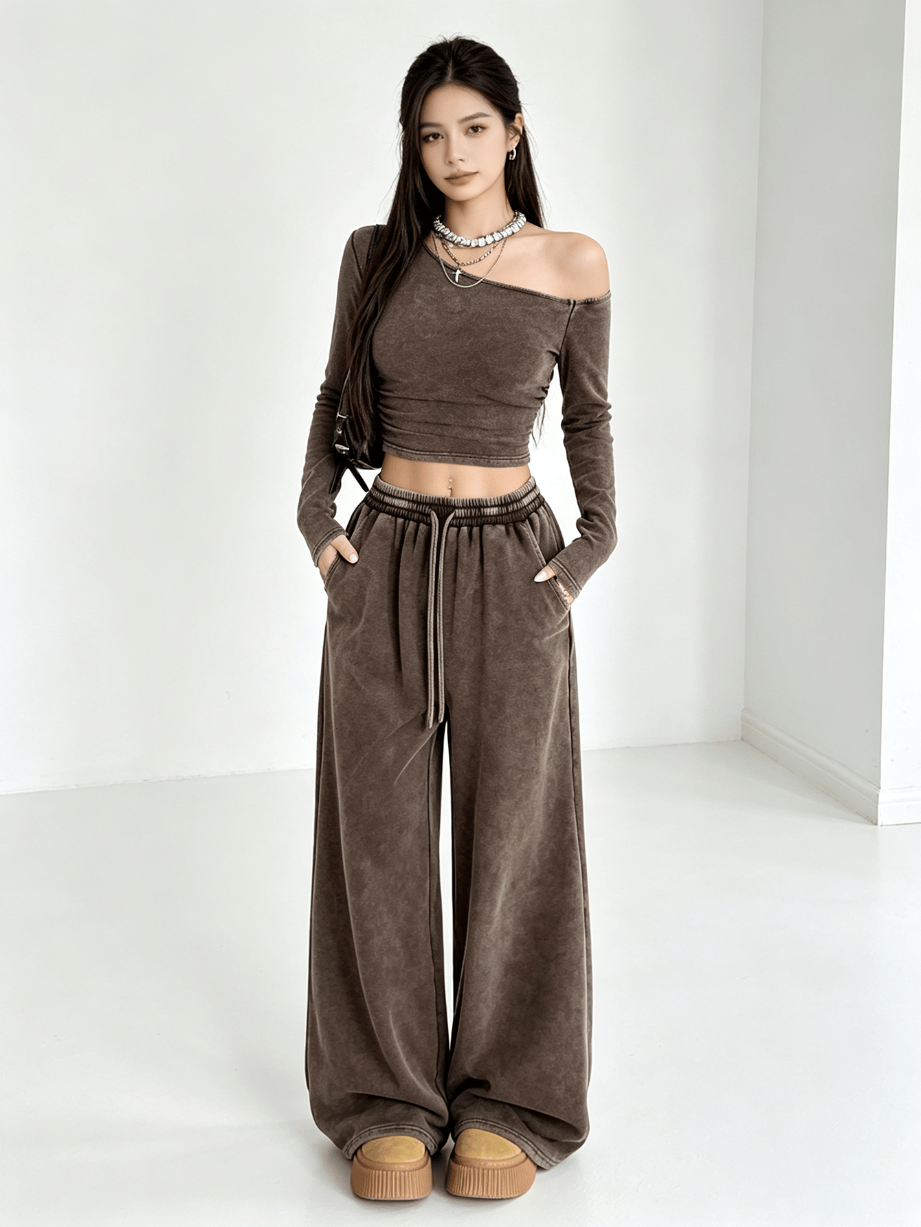 Coffee Brown Asymmetrical Neck Long Sleeve Crop Top and Wide Leg Sweatpants Set