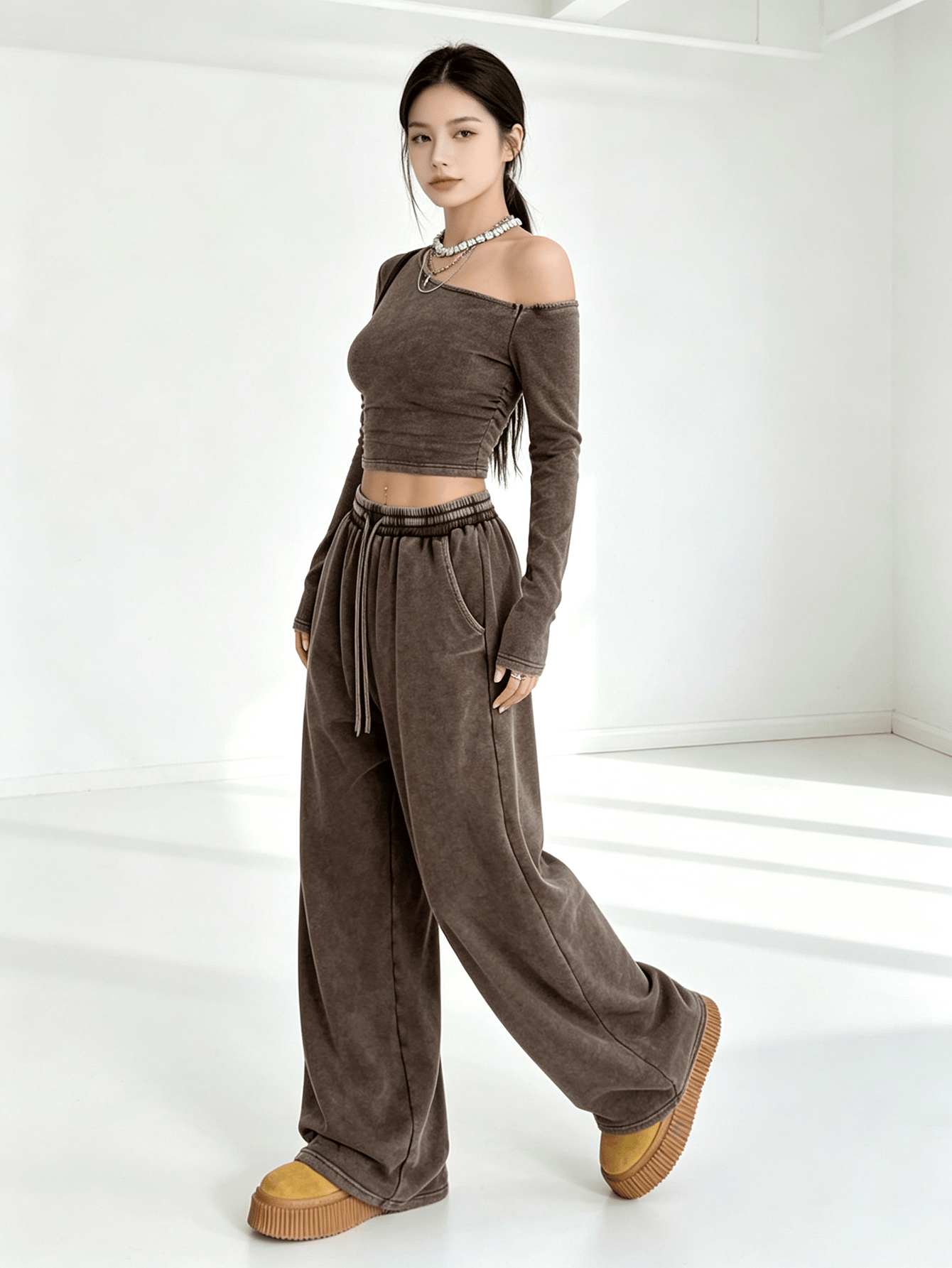 Coffee Brown Asymmetrical Neck Long Sleeve Crop Top and Wide Leg Sweatpants Set