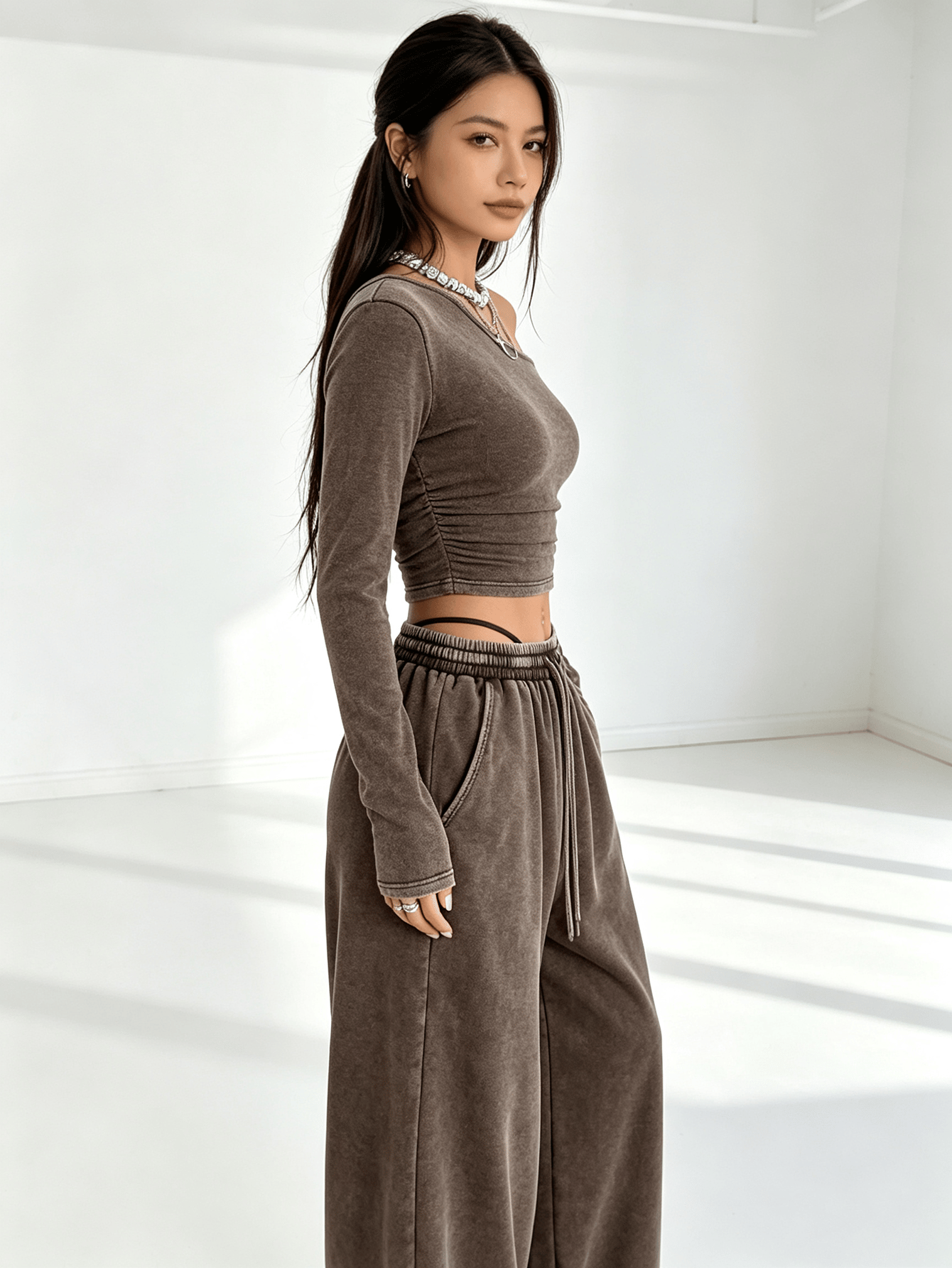 Coffee Brown Asymmetrical Neck Long Sleeve Crop Top and Wide Leg Sweatpants Set