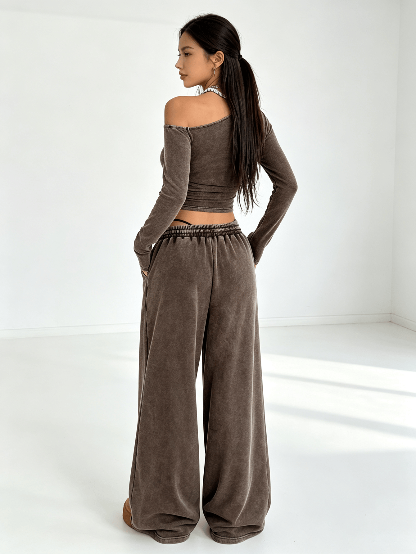 Coffee Brown Asymmetrical Neck Long Sleeve Crop Top and Wide Leg Sweatpants Set