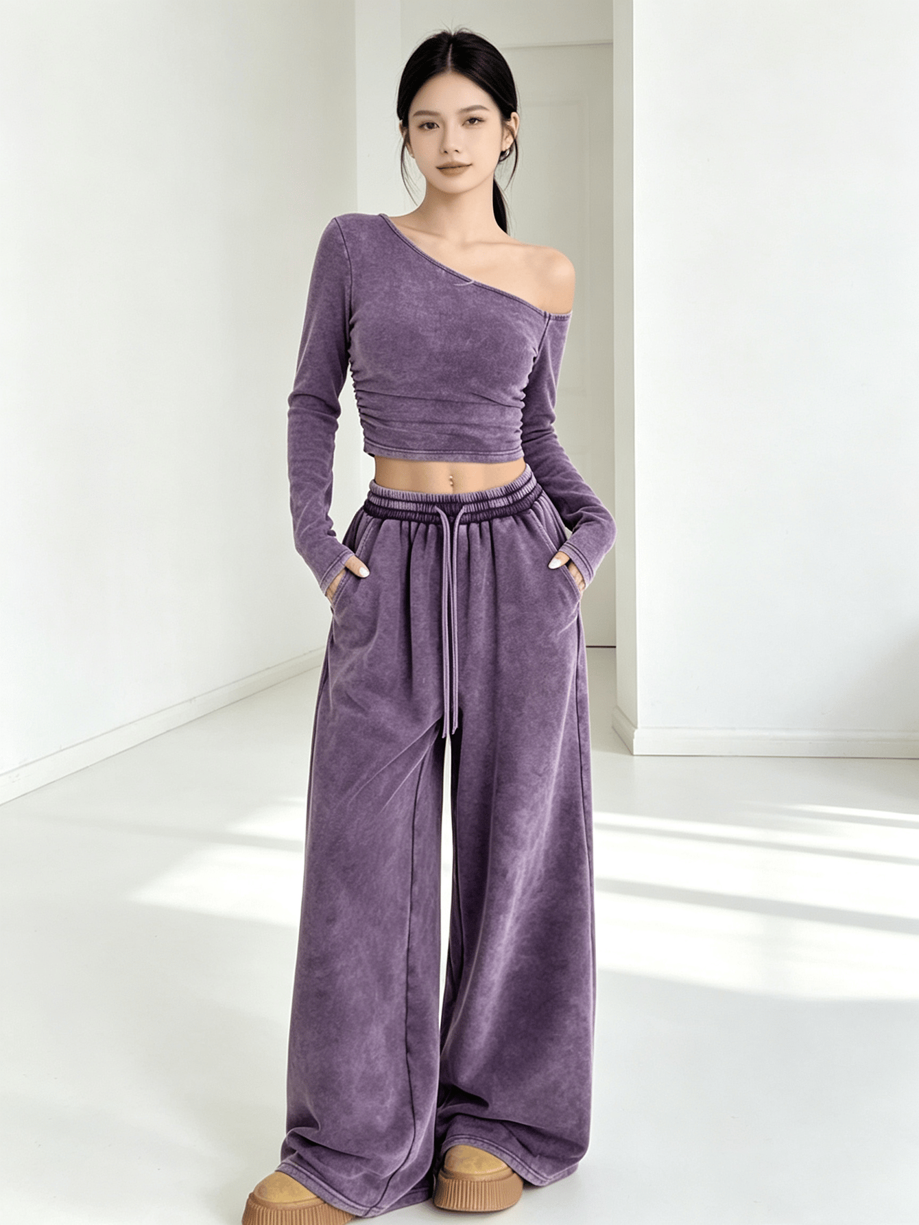Purple Asymmetrical Neck Long Sleeve Crop Top and Wide Leg Sweatpants Set