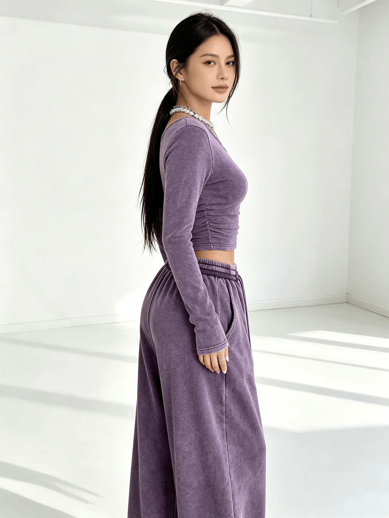 Purple Asymmetrical Neck Long Sleeve Crop Top and Wide Leg Sweatpants Set
