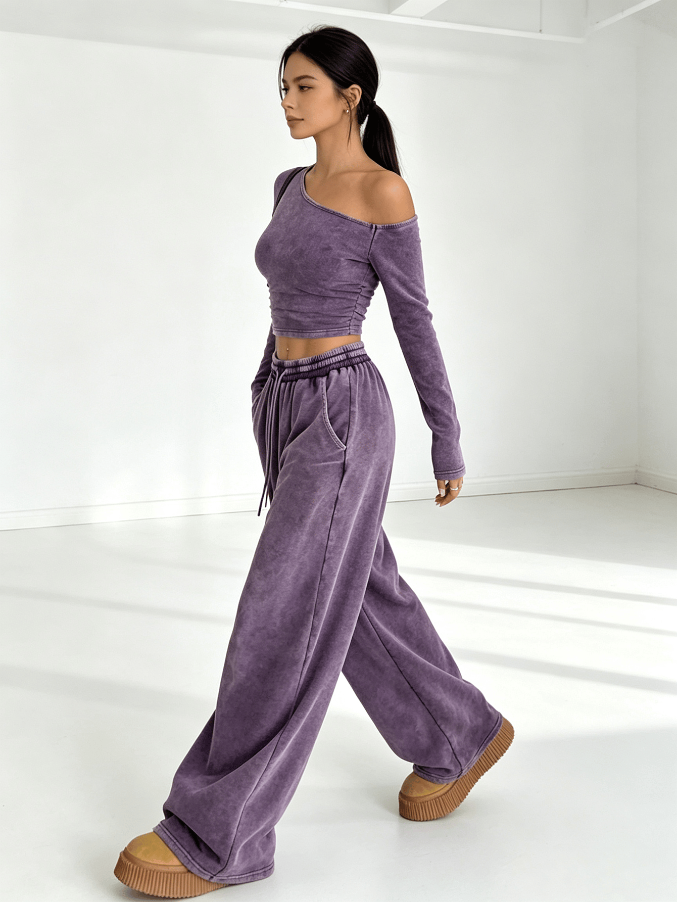 Purple Asymmetrical Neck Long Sleeve Crop Top and Wide Leg Sweatpants Set