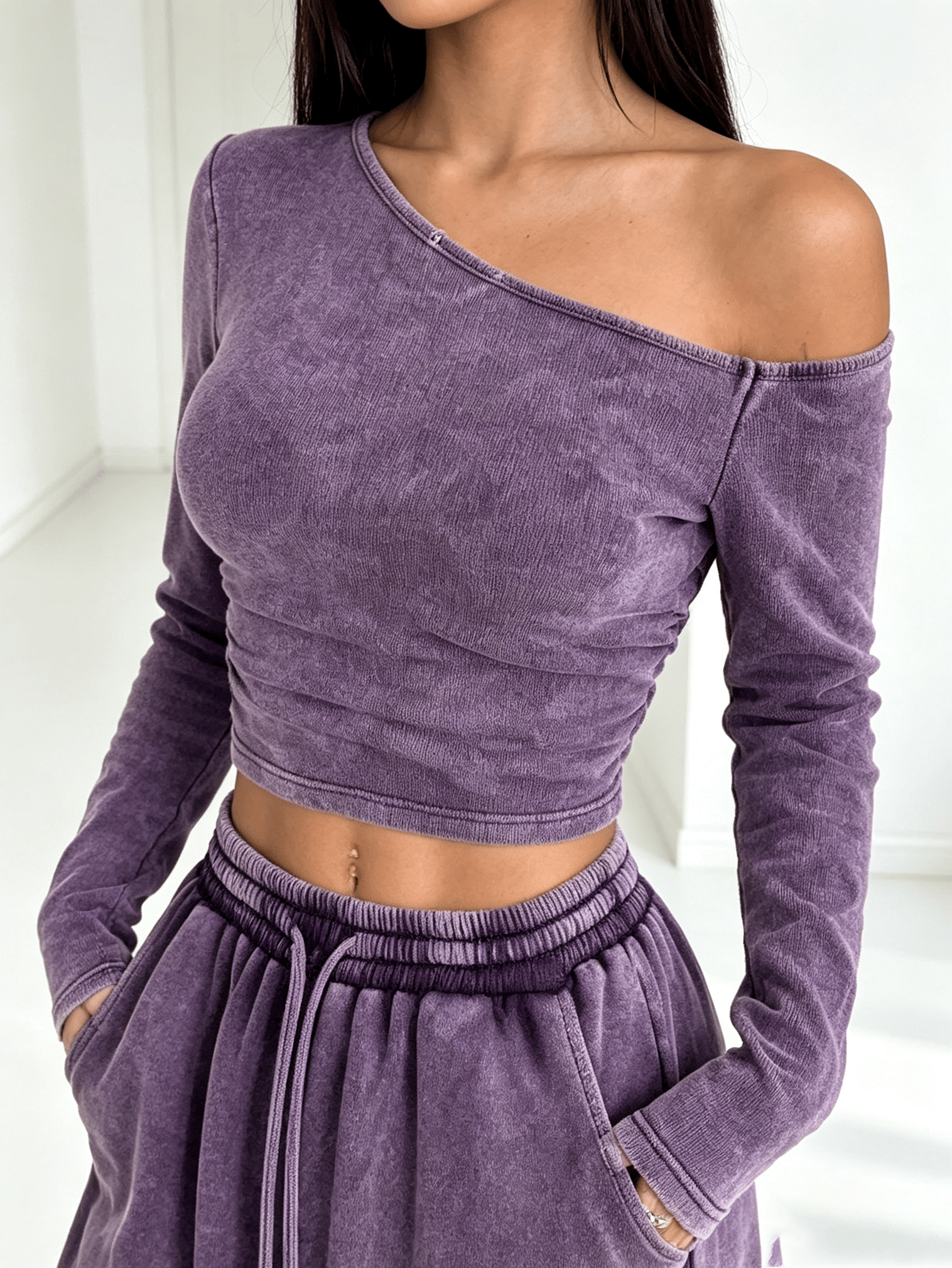 Purple Asymmetrical Neck Long Sleeve Crop Top and Wide Leg Sweatpants Set