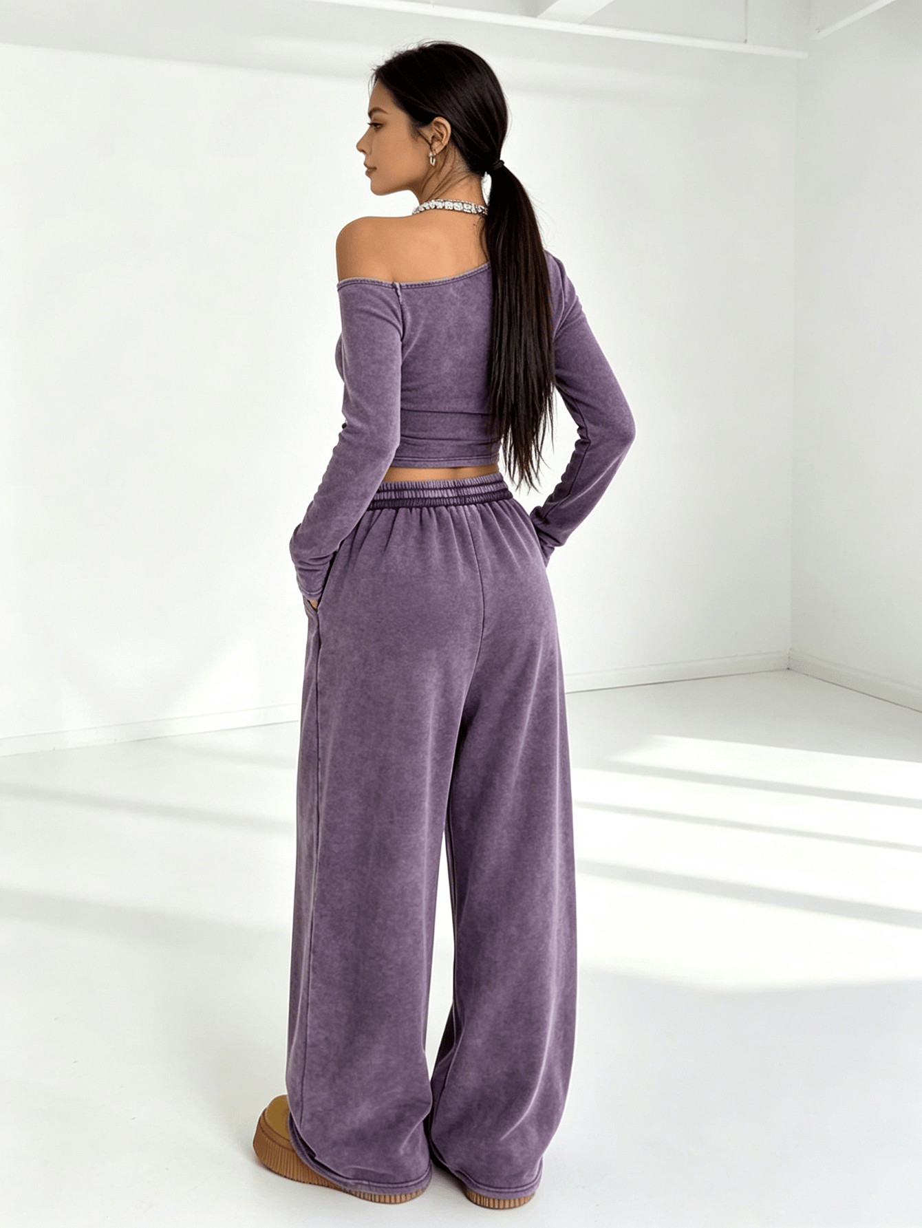 Purple Asymmetrical Neck Long Sleeve Crop Top and Wide Leg Sweatpants Set