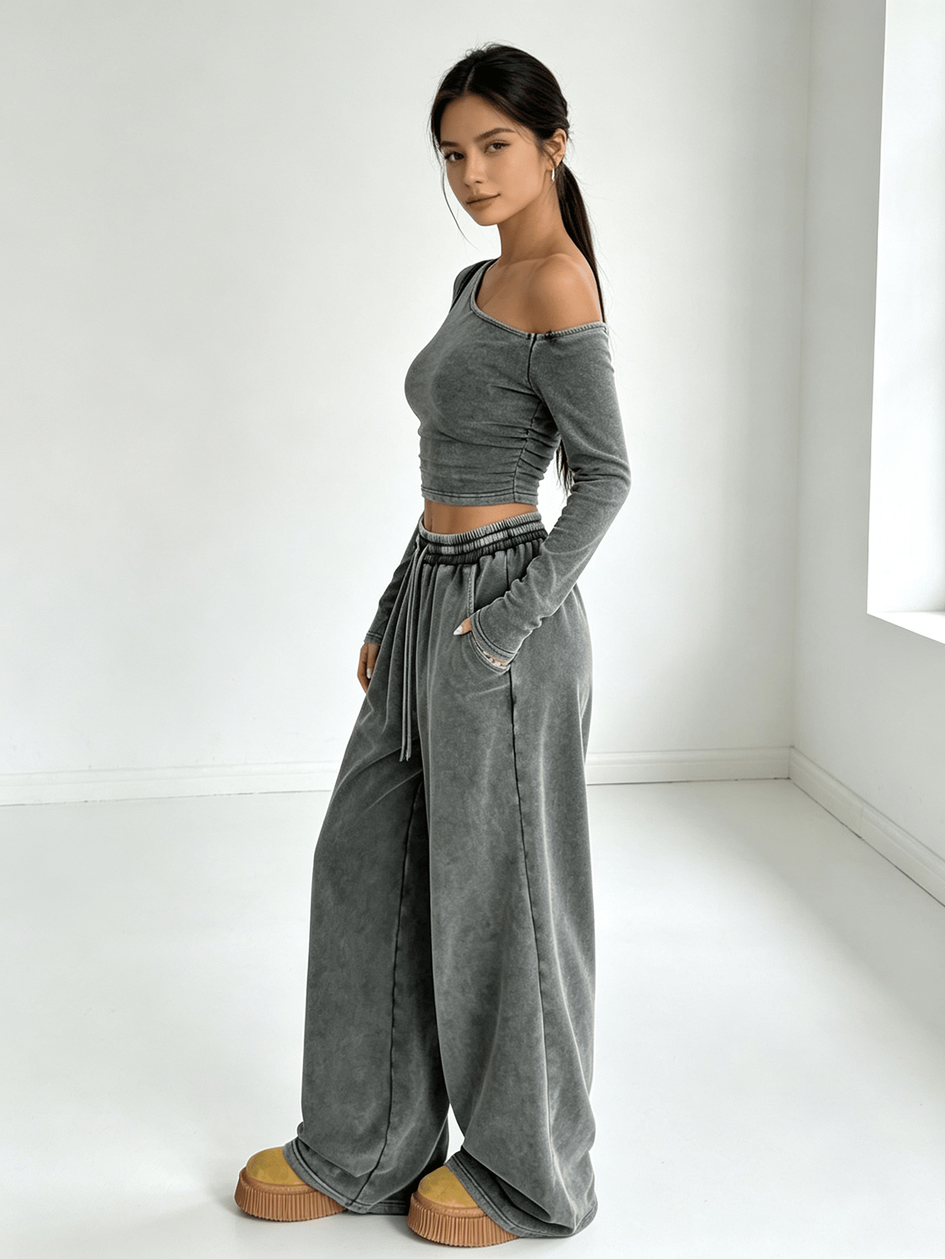 Dark Grey Asymmetrical Neck Long Sleeve Crop Top and Wide Leg Sweatpants Set