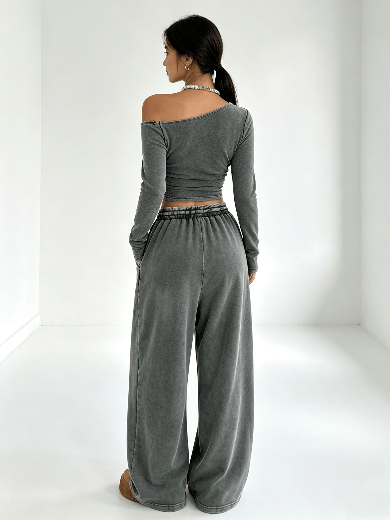Dark Grey Asymmetrical Neck Long Sleeve Crop Top and Wide Leg Sweatpants Set