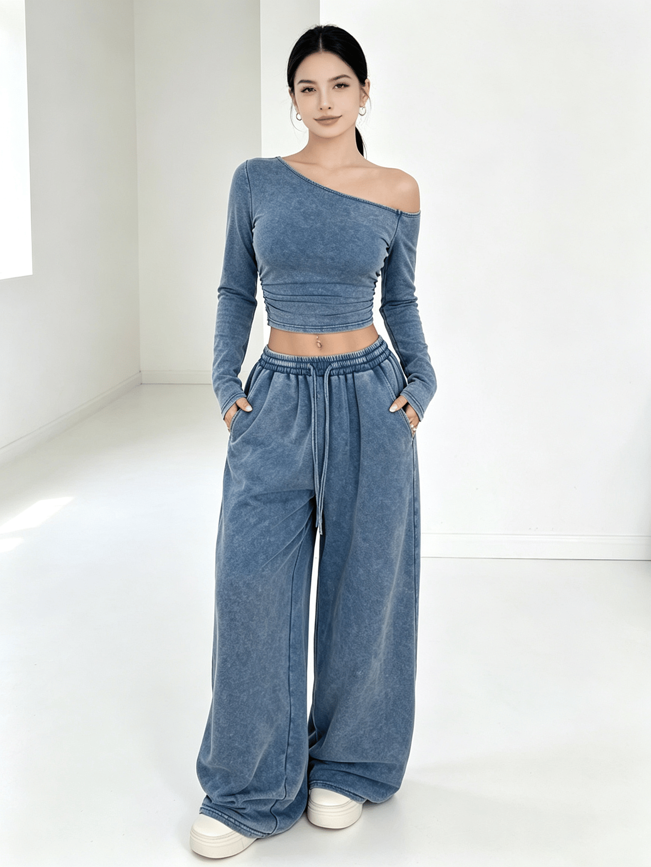 Washed Blue Asymmetrical Neck Long Sleeve Crop Top and Wide Leg Sweatpants Set