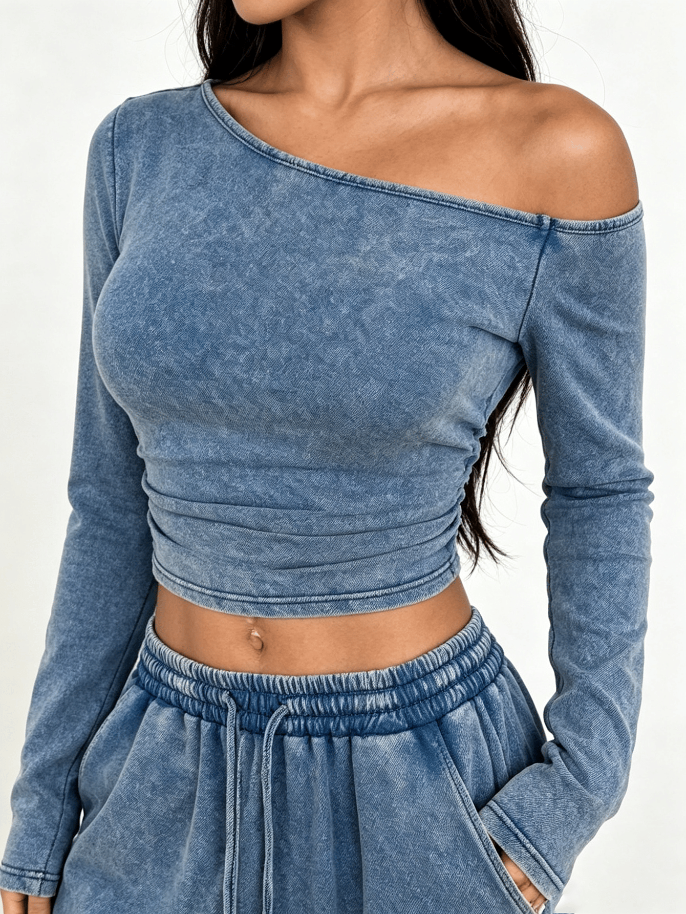 Washed Blue Asymmetrical Neck Long Sleeve Crop Top and Wide Leg Sweatpants Set