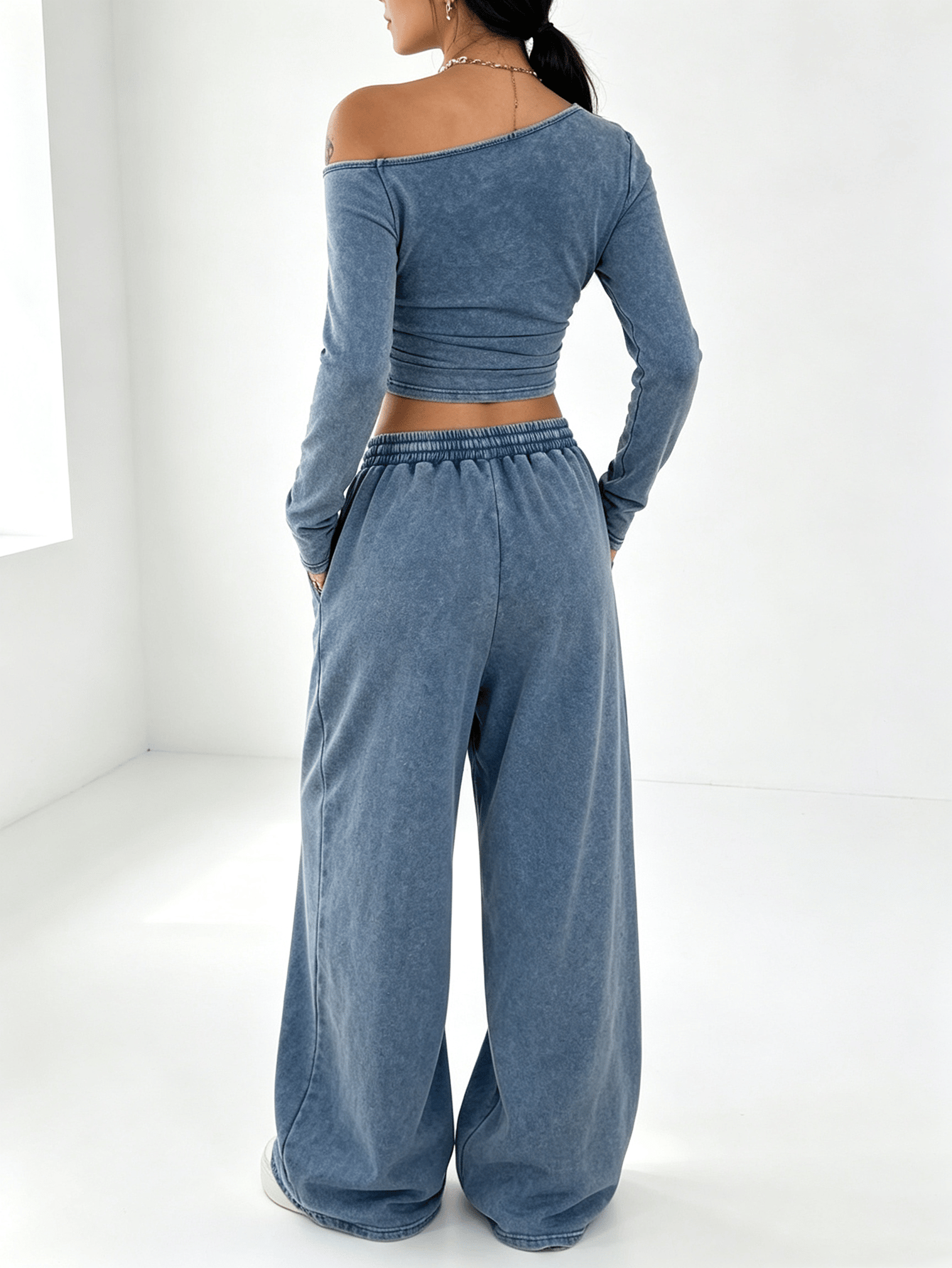 Washed Blue Asymmetrical Neck Long Sleeve Crop Top and Wide Leg Sweatpants Set