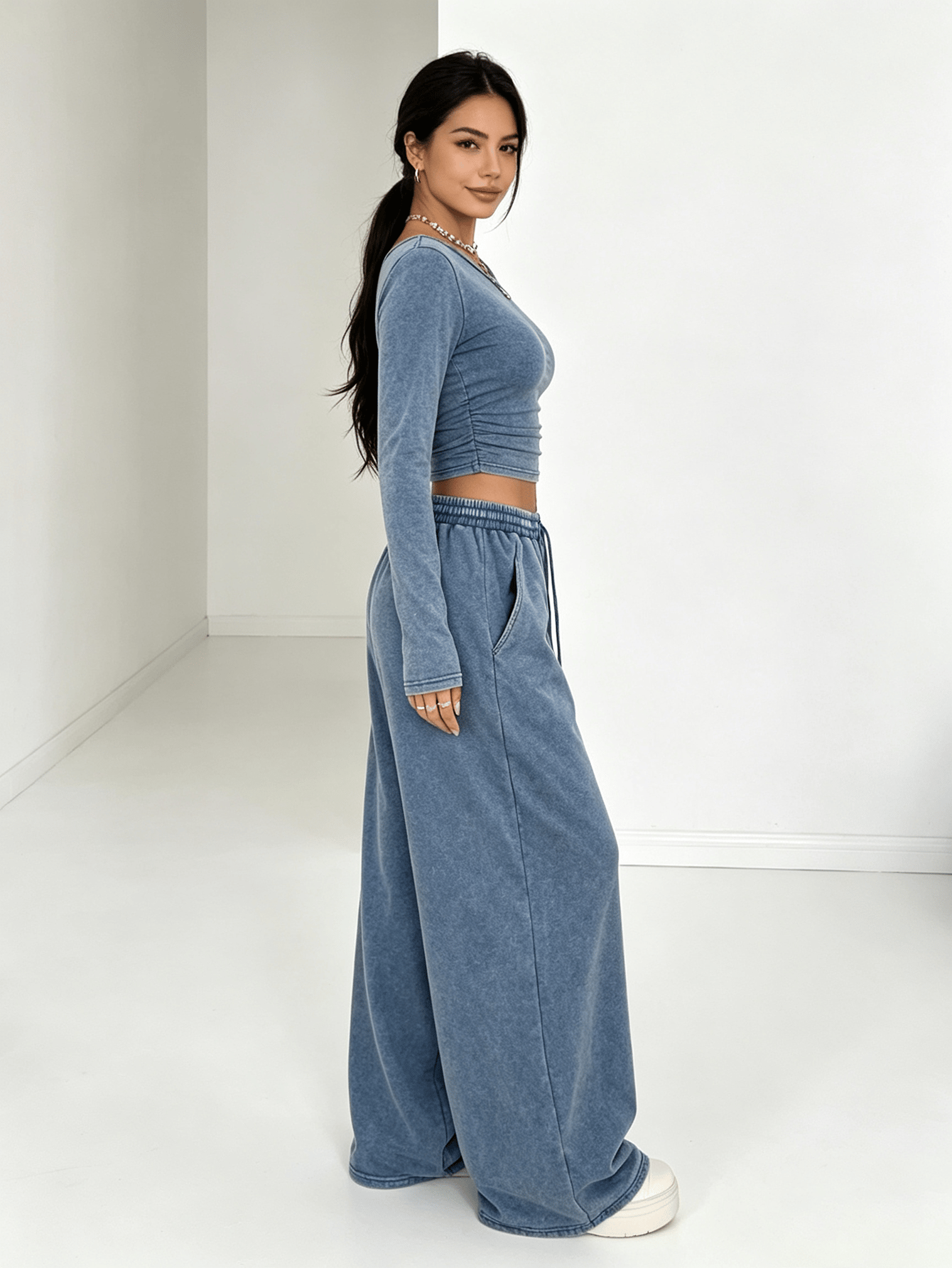 Washed Blue Asymmetrical Neck Long Sleeve Crop Top and Wide Leg Sweatpants Set