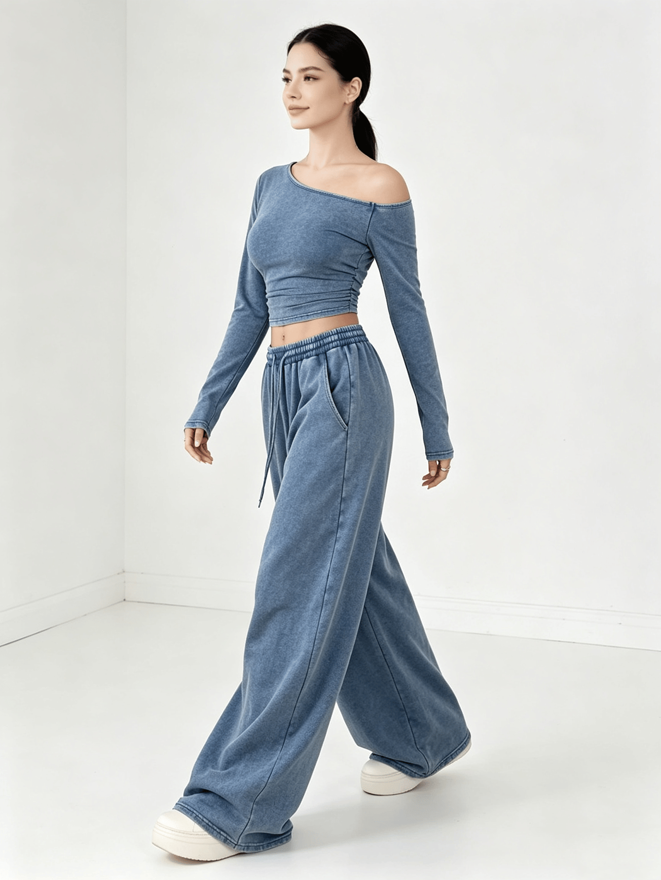 Washed Blue Asymmetrical Neck Long Sleeve Crop Top and Wide Leg Sweatpants Set