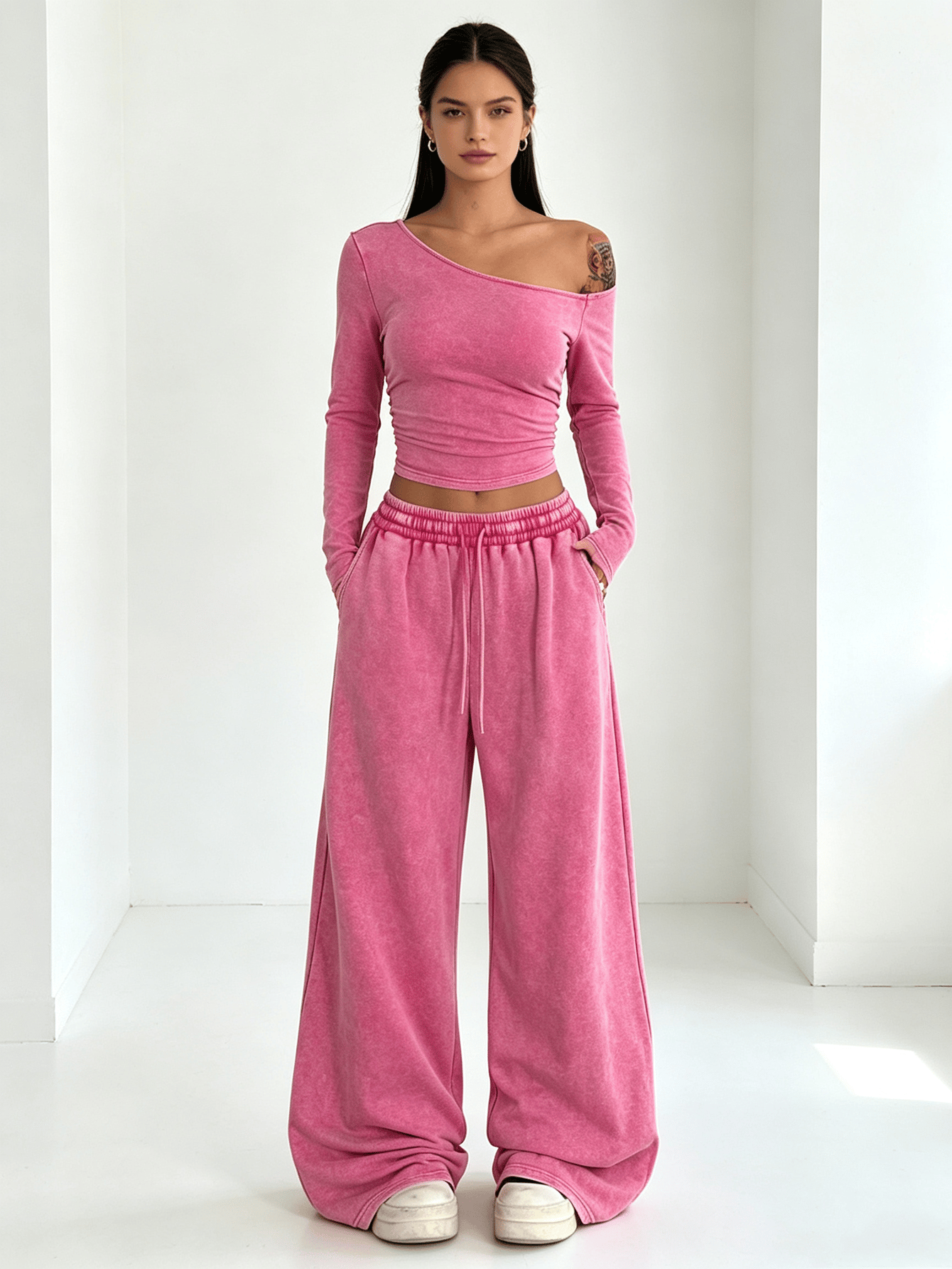Rose Pink Asymmetrical Neck Long Sleeve Crop Top and Wide Leg Sweatpants Set