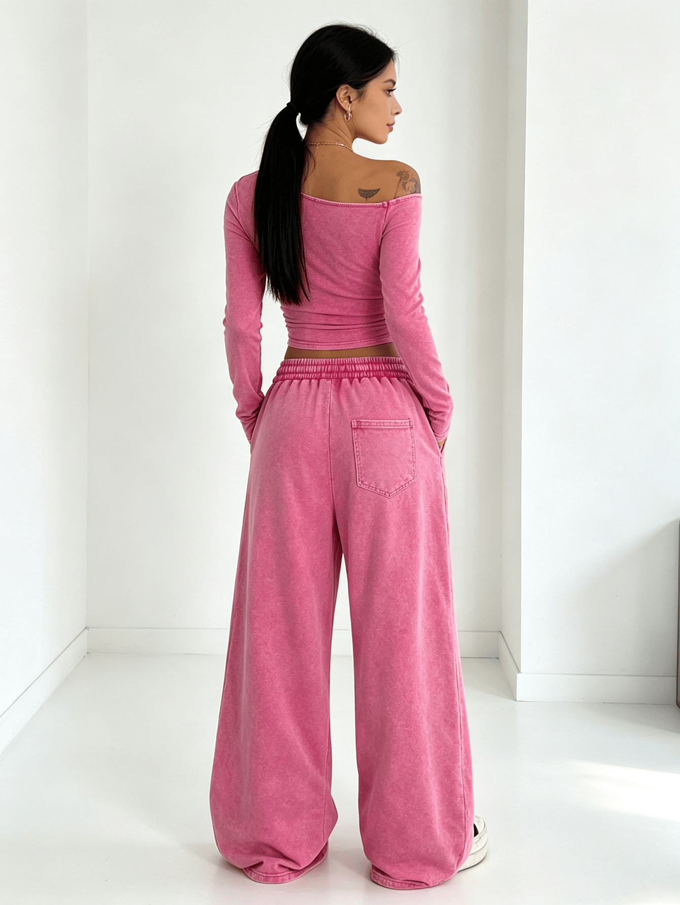 Rose Pink Asymmetrical Neck Long Sleeve Crop Top and Wide Leg Sweatpants Set