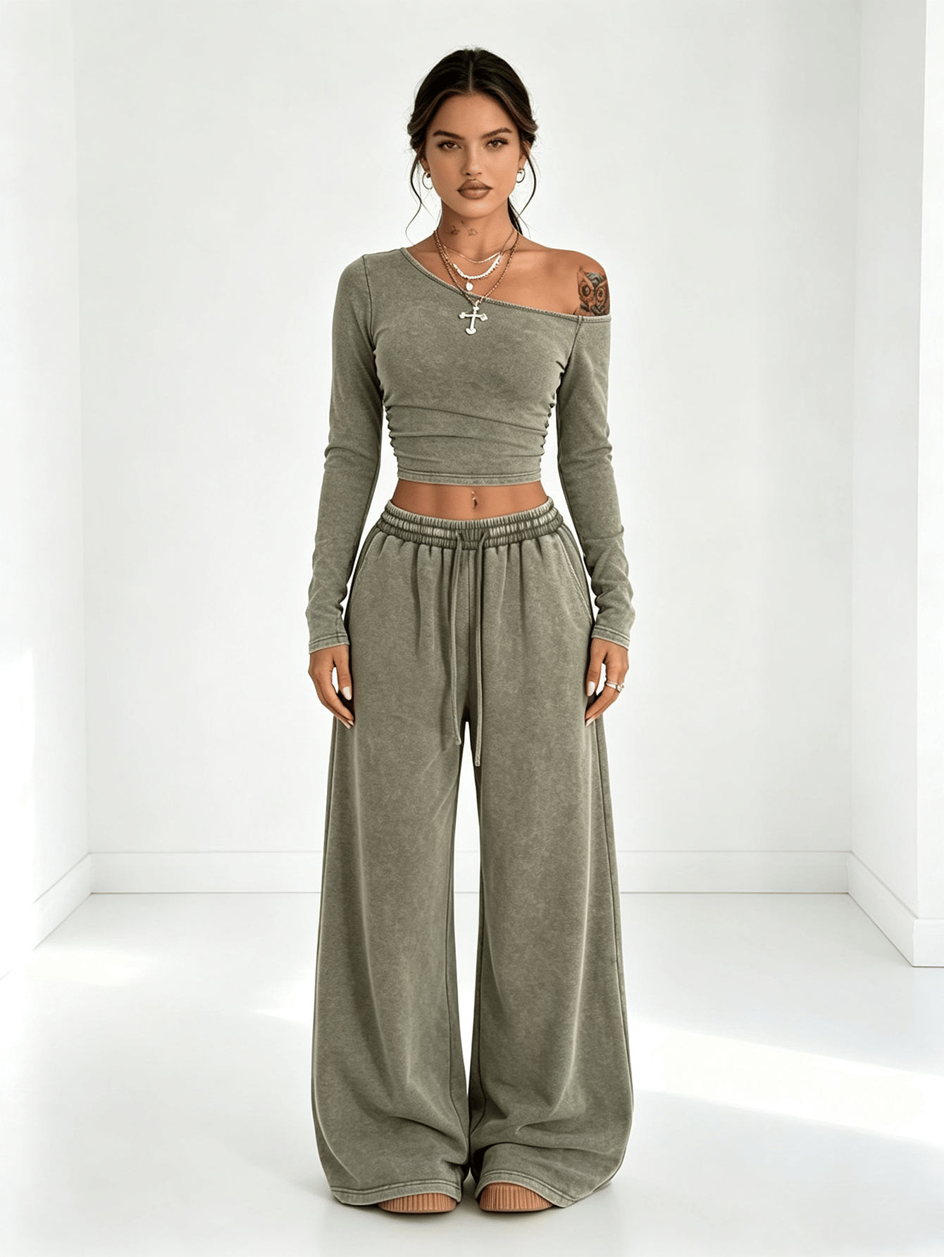 Olive Green Wide-Leg Lounge Set with Off-Shoulder Top