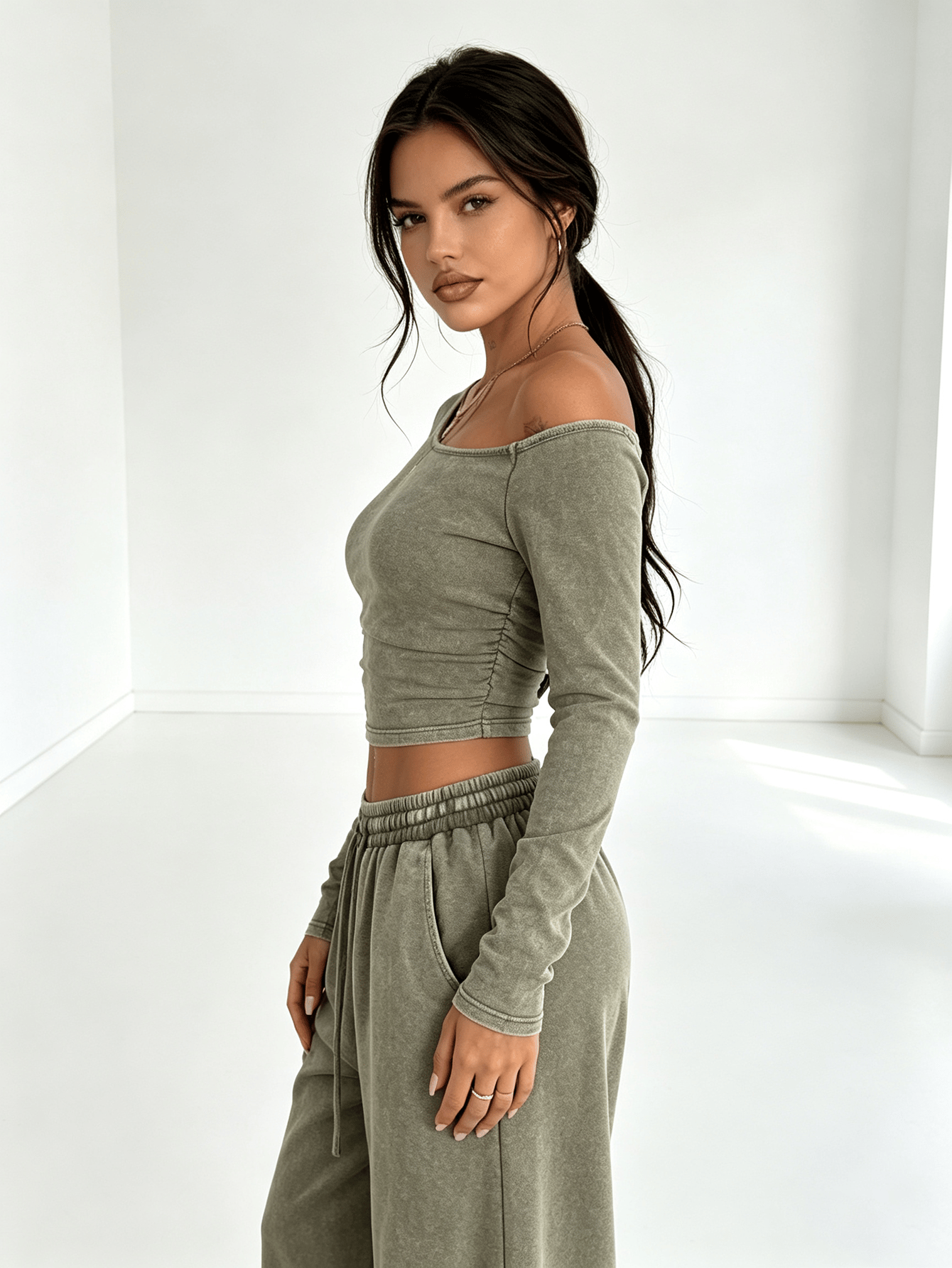Olive Green Wide-Leg Lounge Set with Off-Shoulder Top