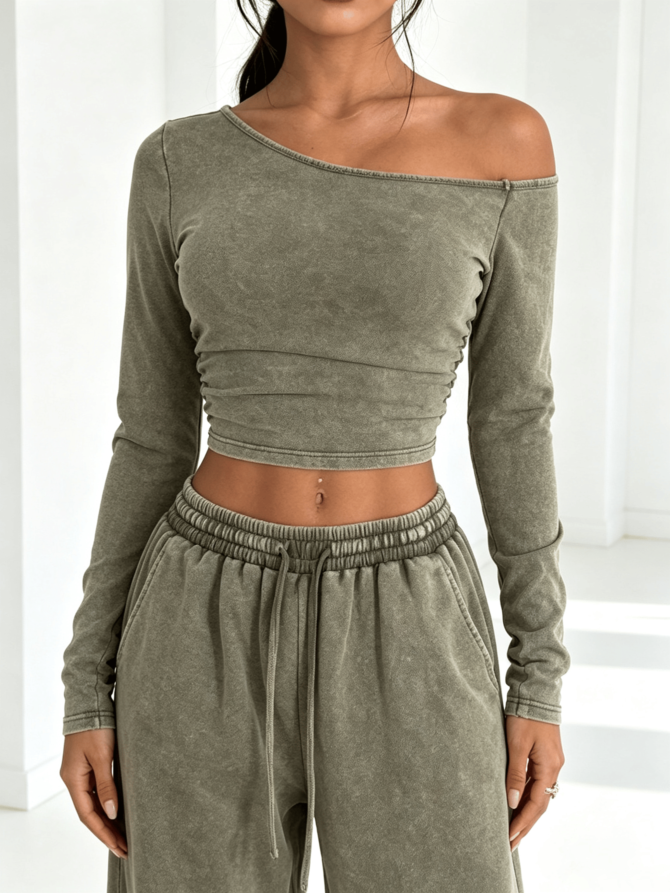 Olive Green Wide-Leg Lounge Set with Off-Shoulder Top