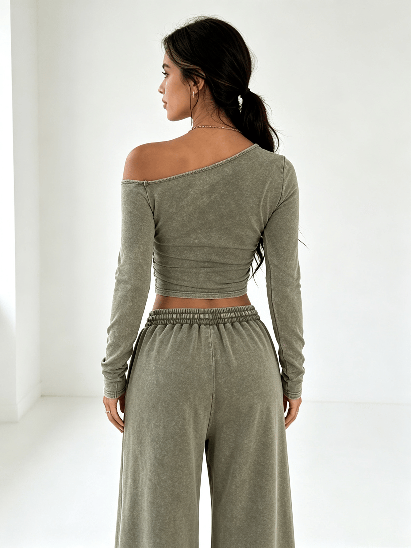 Olive Green Wide-Leg Lounge Set with Off-Shoulder Top