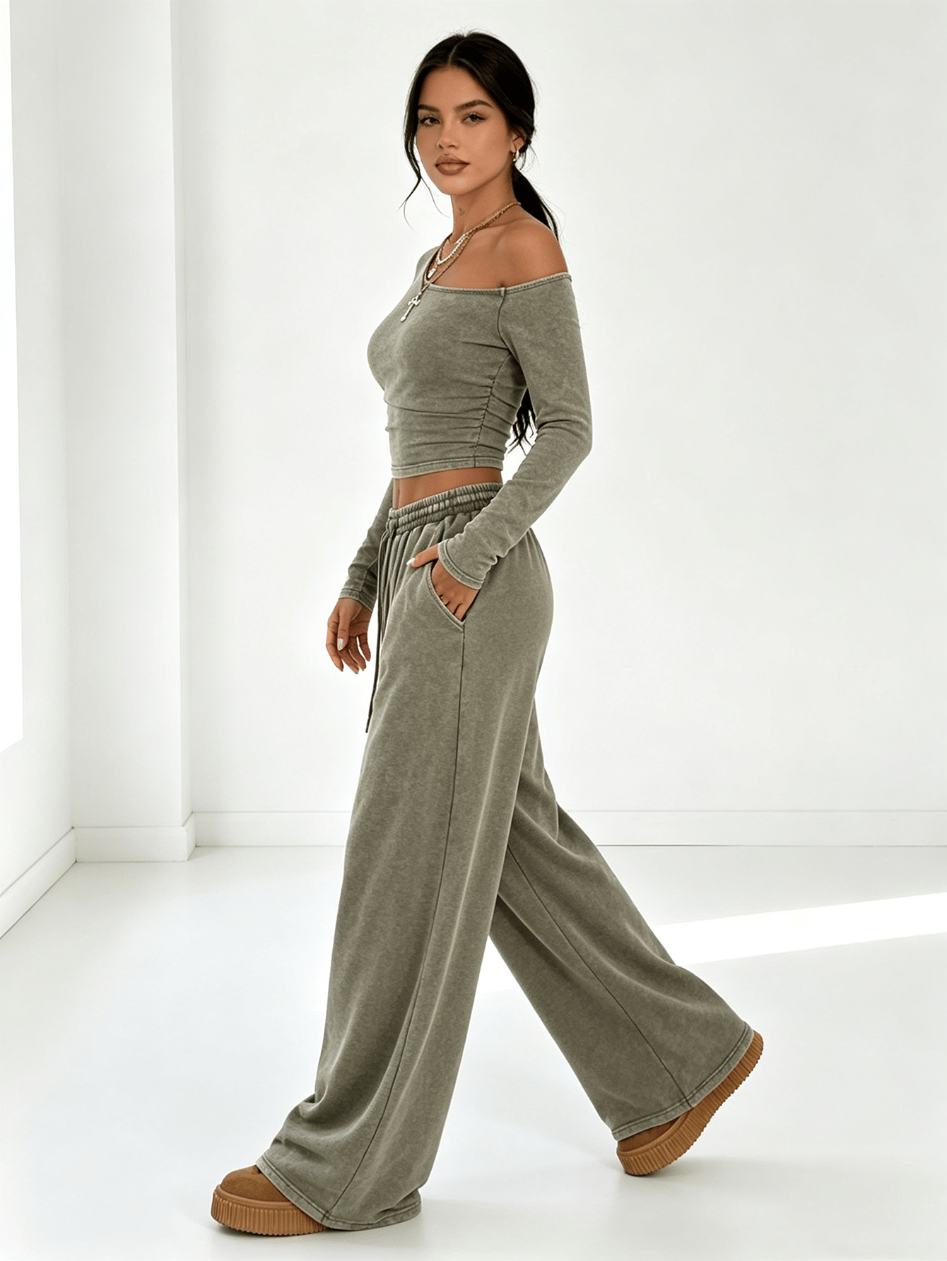 Olive Green Wide-Leg Lounge Set with Off-Shoulder Top