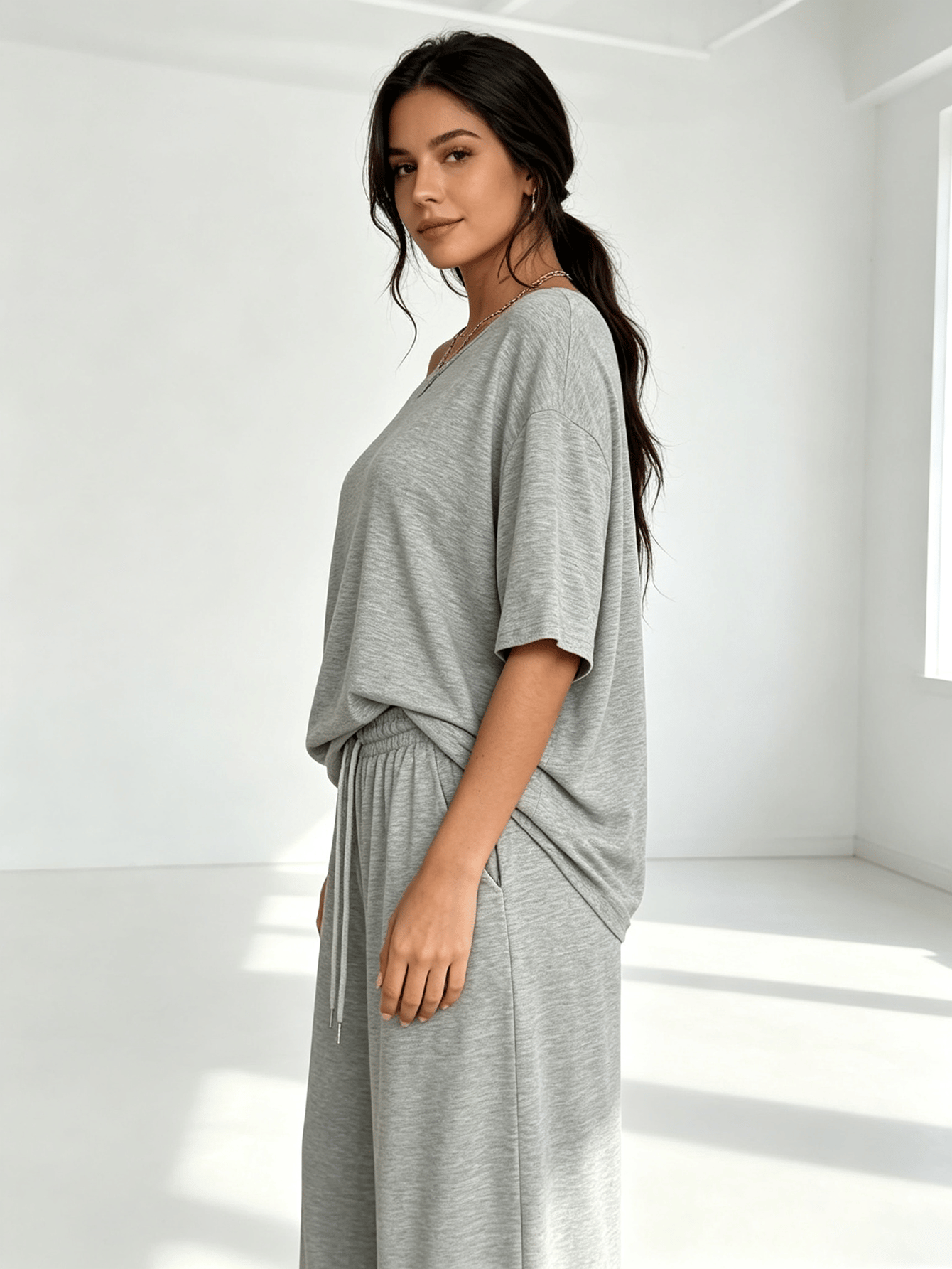 Light Gray Off-Shoulder Short Sleeve Loose Top and Wide Leg Pants Set