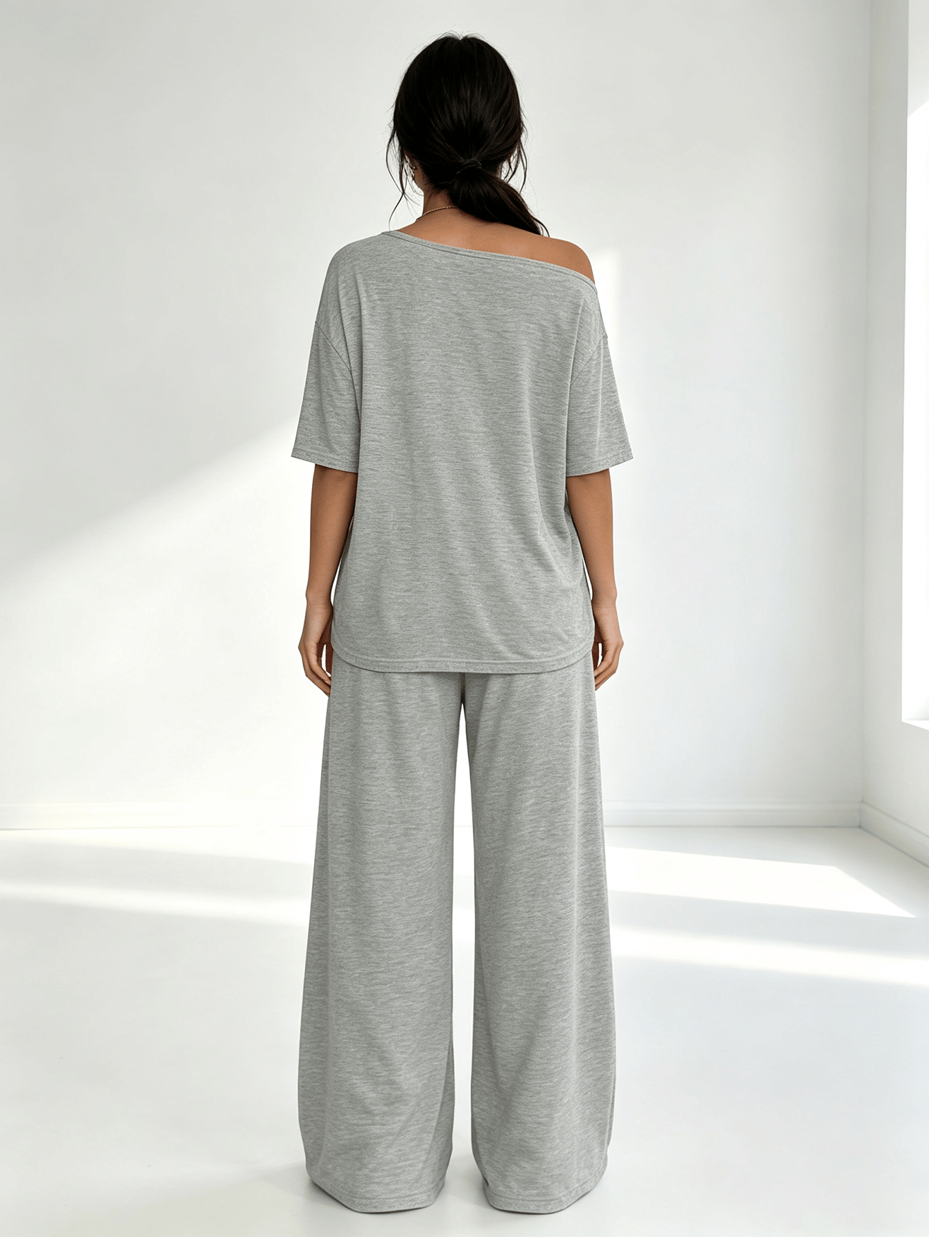 Light Gray Off-Shoulder Short Sleeve Loose Top and Wide Leg Pants Set