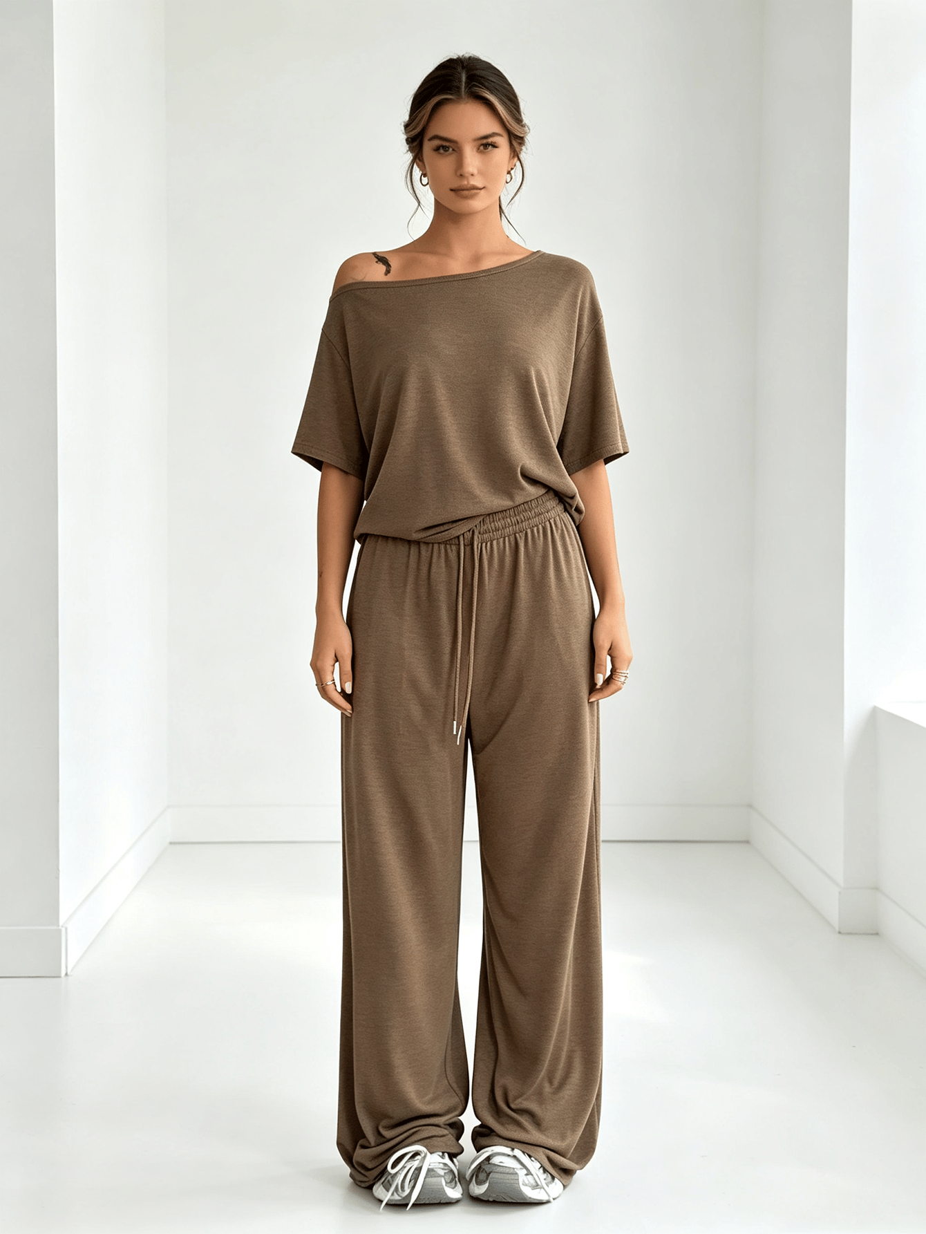 Coffee Brown Off-Shoulder Short Sleeve Loose Top and Wide Leg Pants