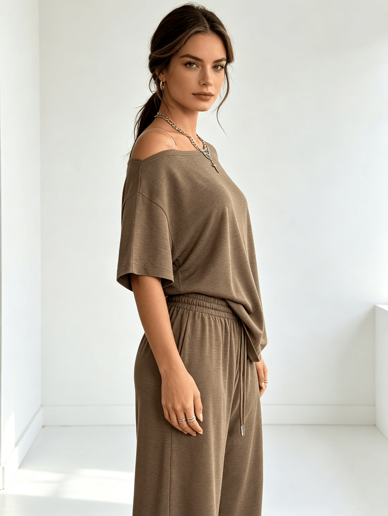 Coffee Brown Off-Shoulder Short Sleeve Loose Top and Wide Leg Pants